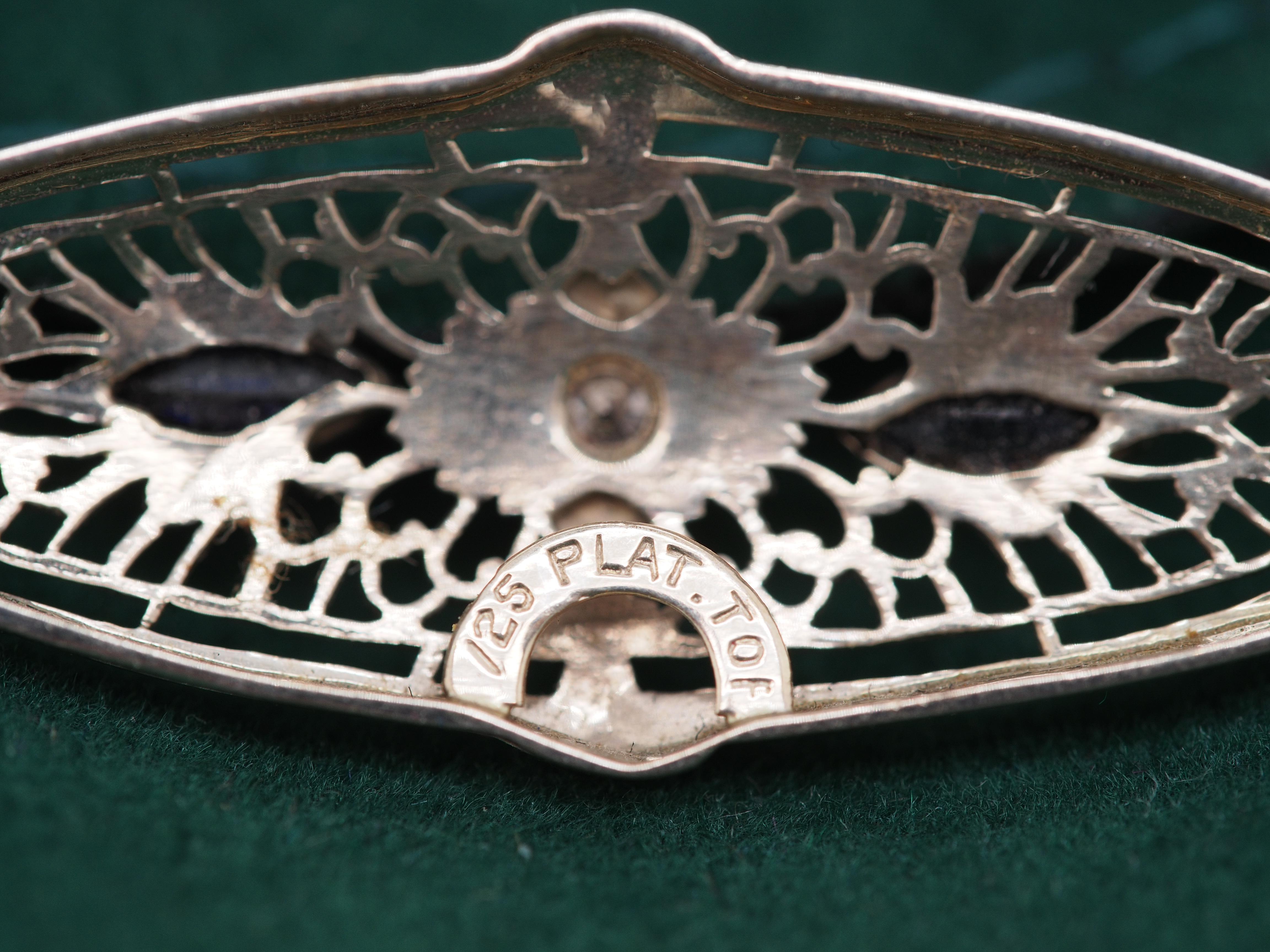 1920 Art Deco 14K White Gold Diamond Sapphire Oval Pin For Sale 1