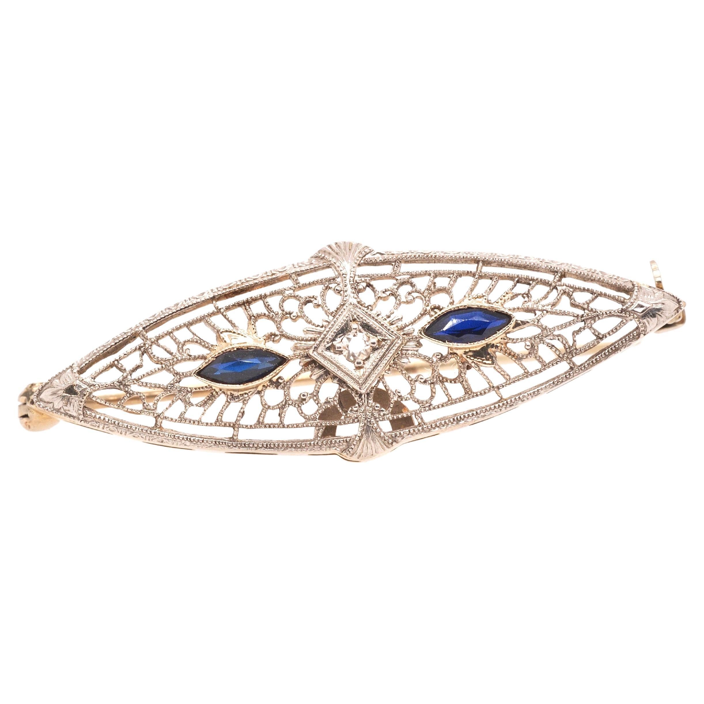 1920 Art Deco 14K White Gold Diamond Sapphire Oval Pin For Sale