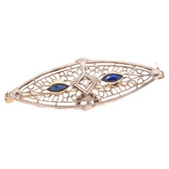 1920 Art Deco 14K White Gold Diamond Sapphire Oval Pin