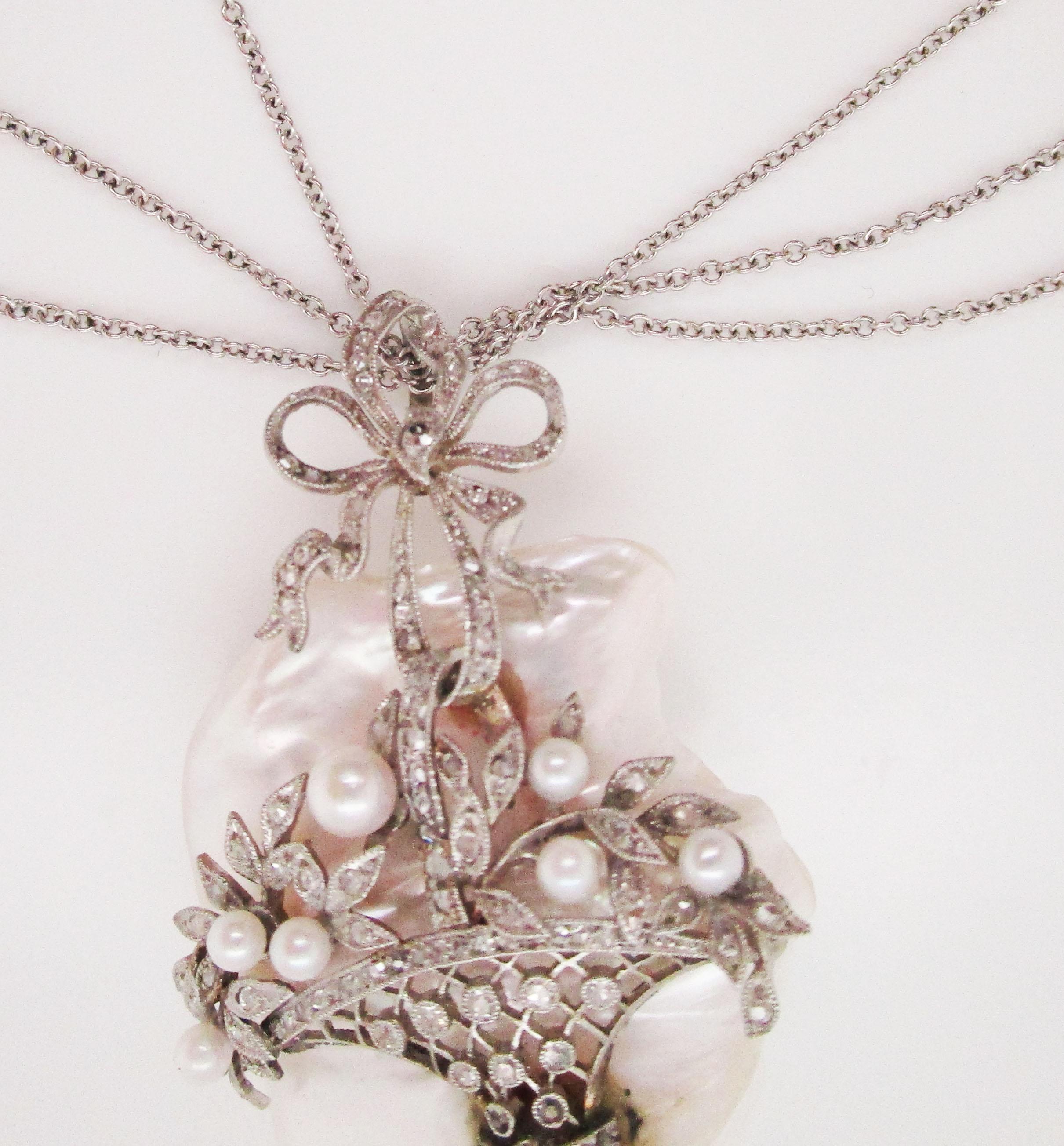 1920 Art Deco 14K Weißgold Halskette mit natürlicher Perle und Diamant-Anhänger 1