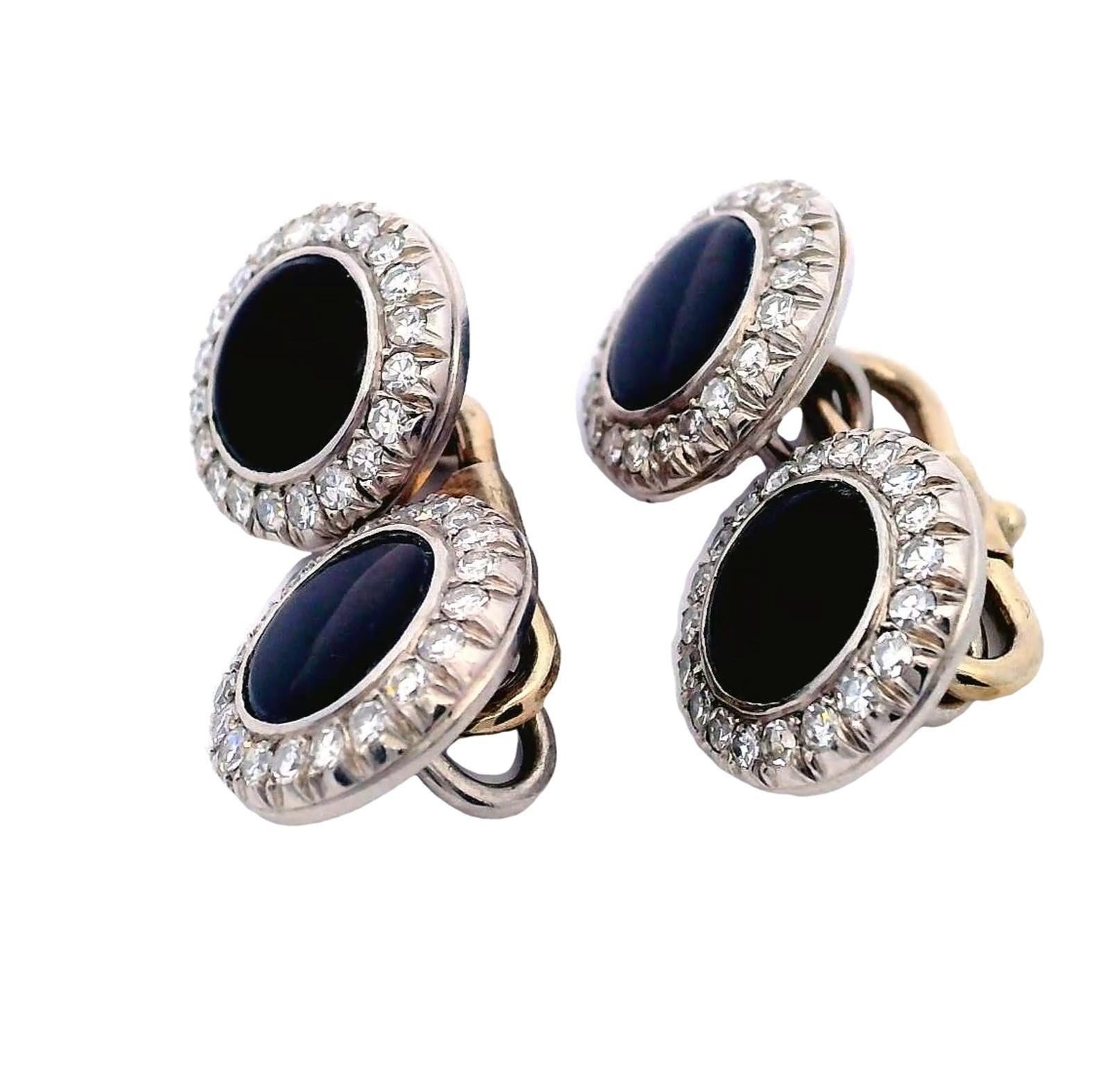1920 Art Deco 18k Weiß & Gelbgold Doble Manschettenknöpfe mit Onyx & Diamanten (Rundschliff) im Angebot