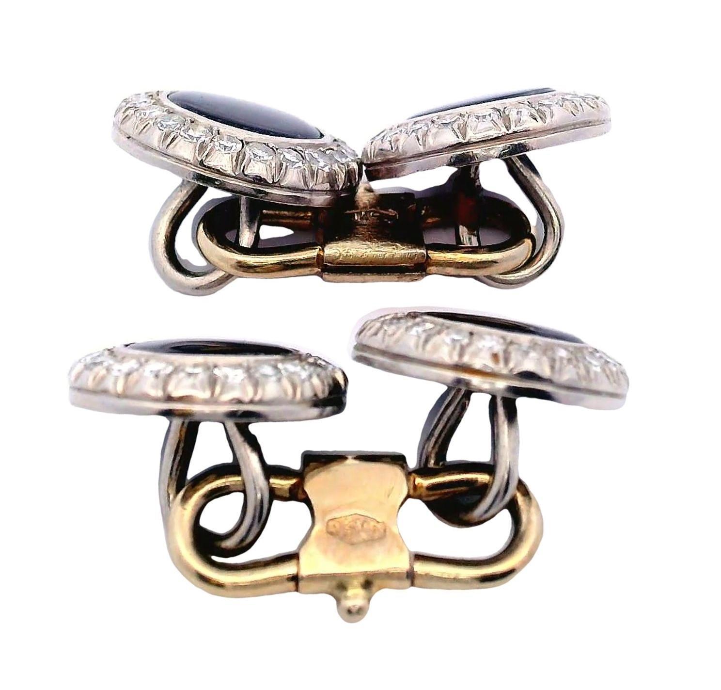 1920 Art Deco 18k Weiß & Gelbgold Doble Manschettenknöpfe mit Onyx & Diamanten im Angebot 1
