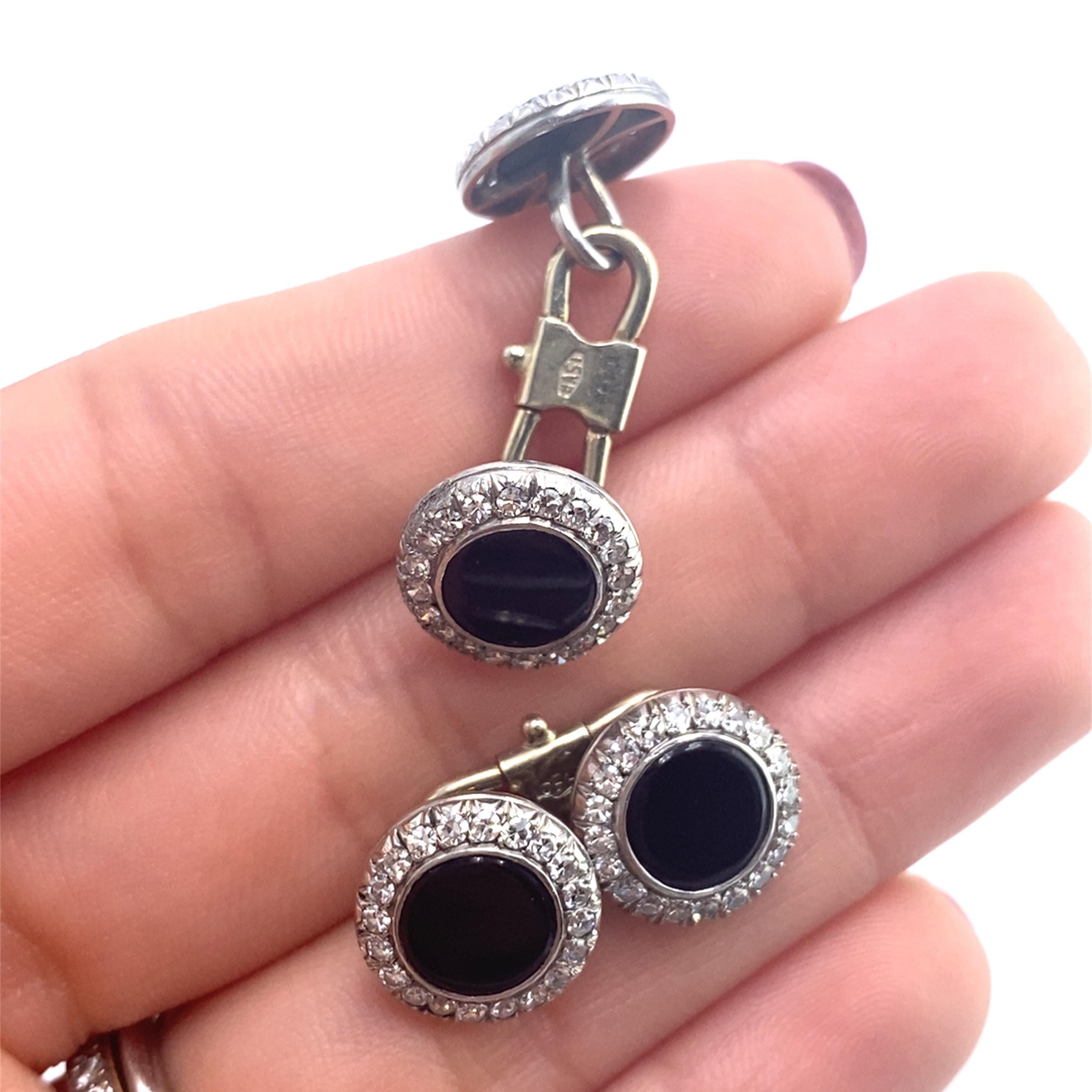 1920 Art Deco 18k Weiß & Gelbgold Doble Manschettenknöpfe mit Onyx & Diamanten im Angebot 2