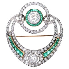 1920 Art Deco 18kt Gold & Platinum Brooch with 9.50 CTW in Diamonds and Emeralds