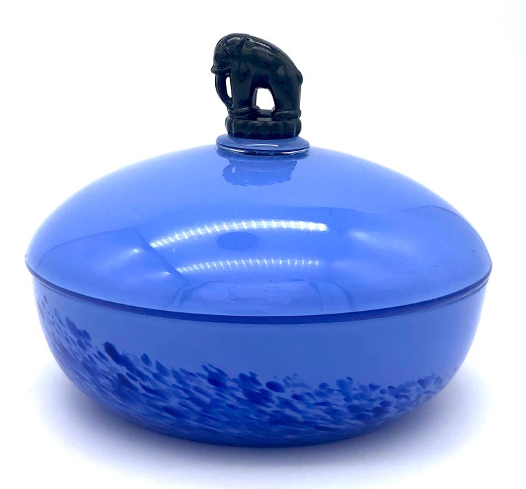 1920 Art Deco Blue Glass Bowl Elephant Cover France For Sale at 1stDibs