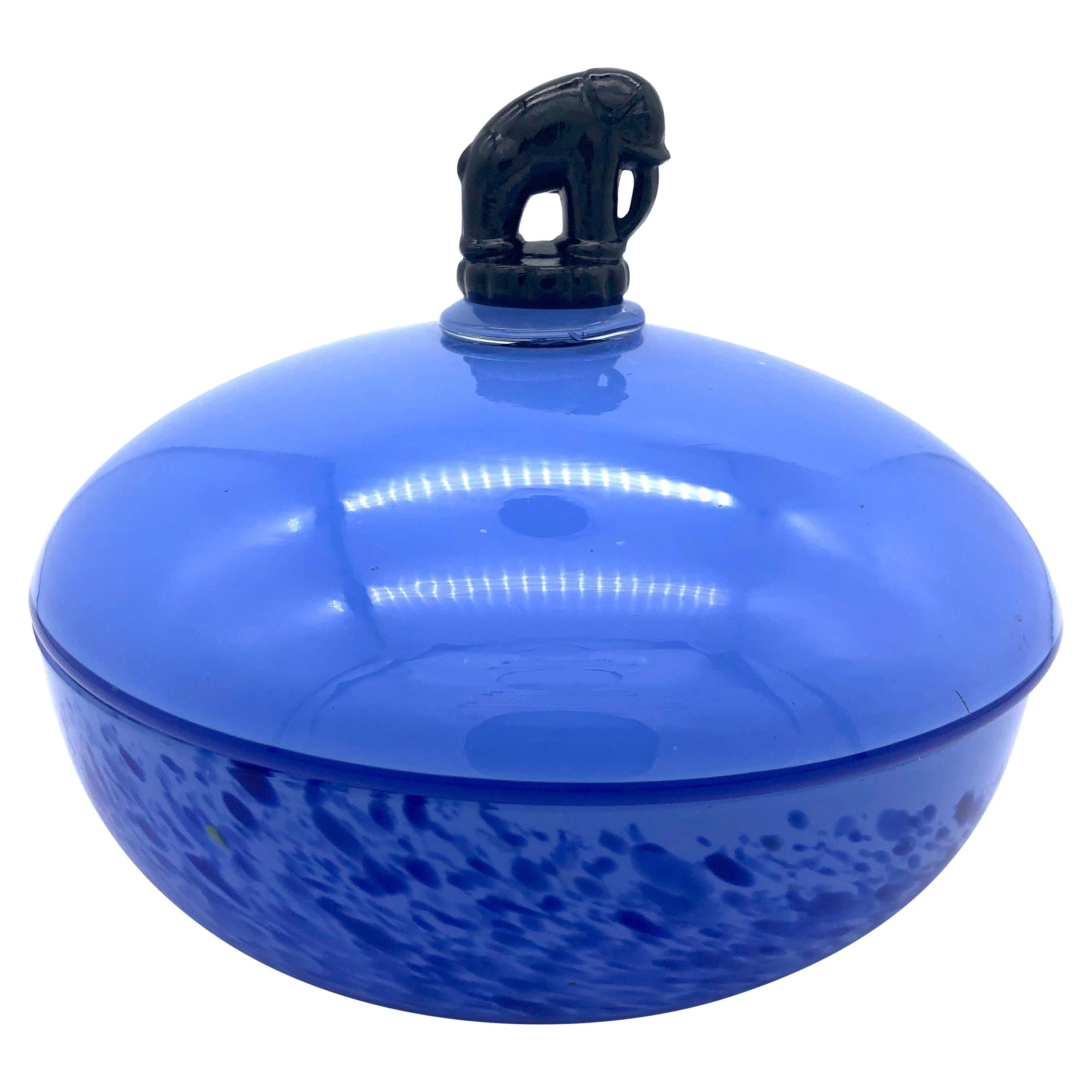 1920 Art Deco Blue Glass Bowl Elephant Cover France For Sale at 1stDibs