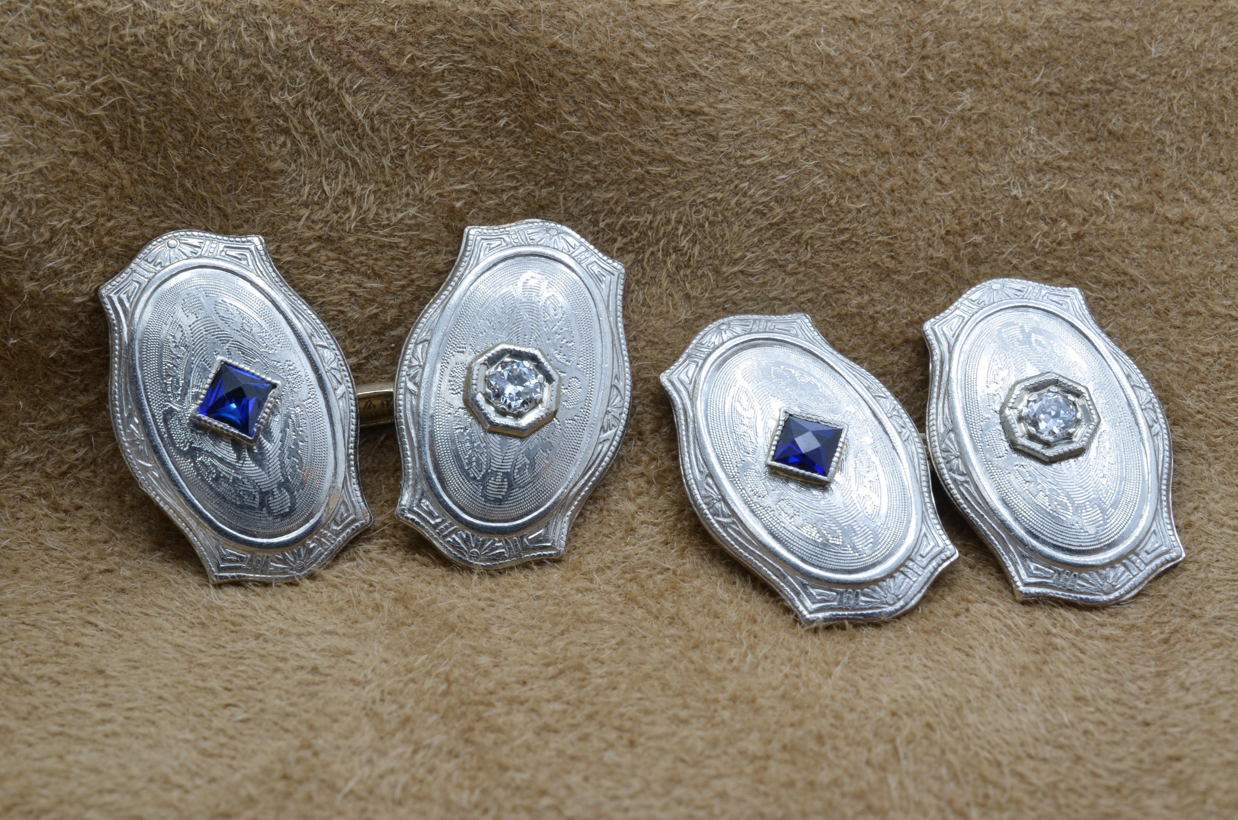 1920 Art Deco Cufflinks Gold Platinum Diamond Sapphire For Sale 3