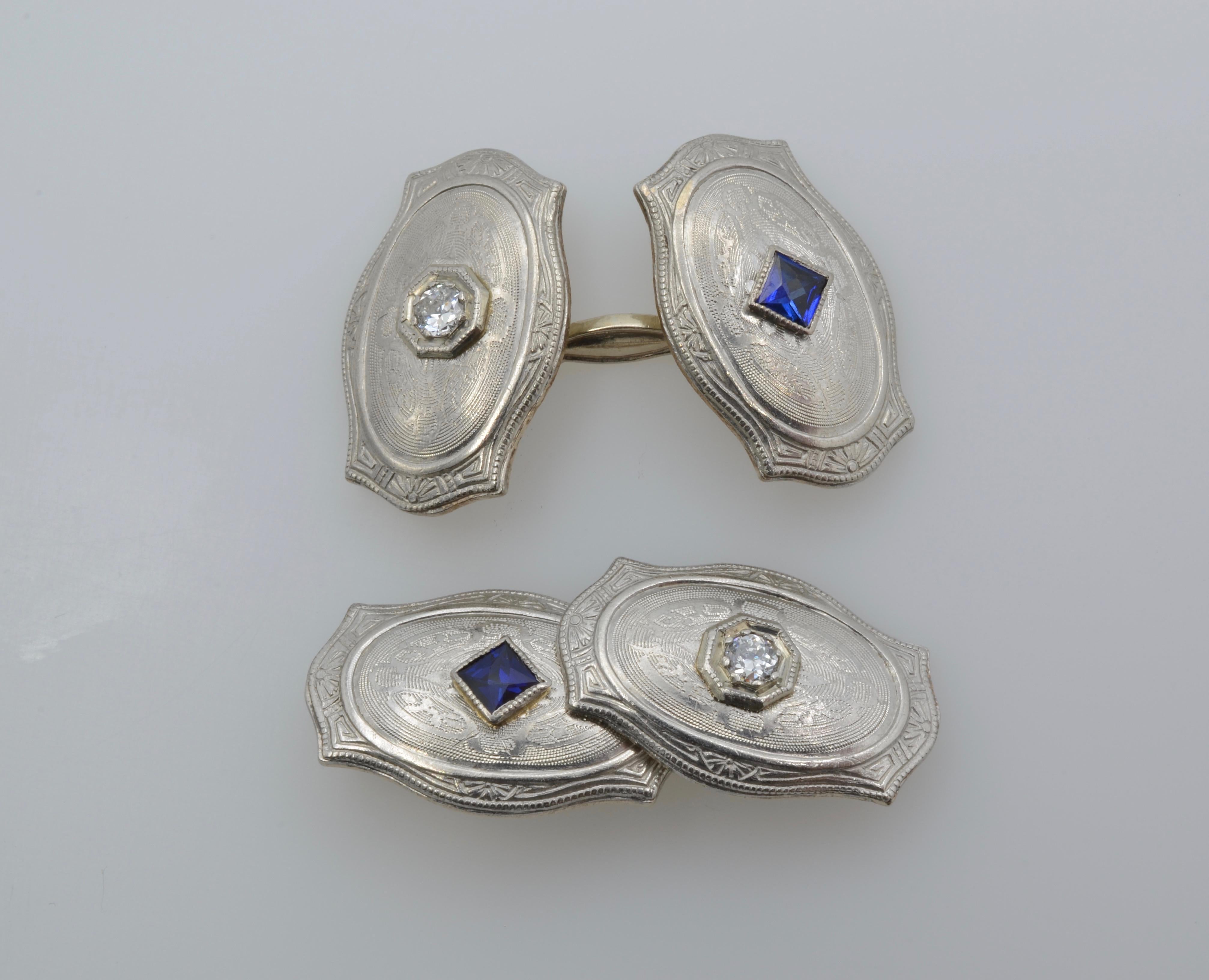 These 1920's French cuff-links are laminate made by rolling two sheets of metal together imprinting the beautiful intricate design. Made of 14K white gold and platinum these antique cuff-links have substantial weight and are a piece of history. The