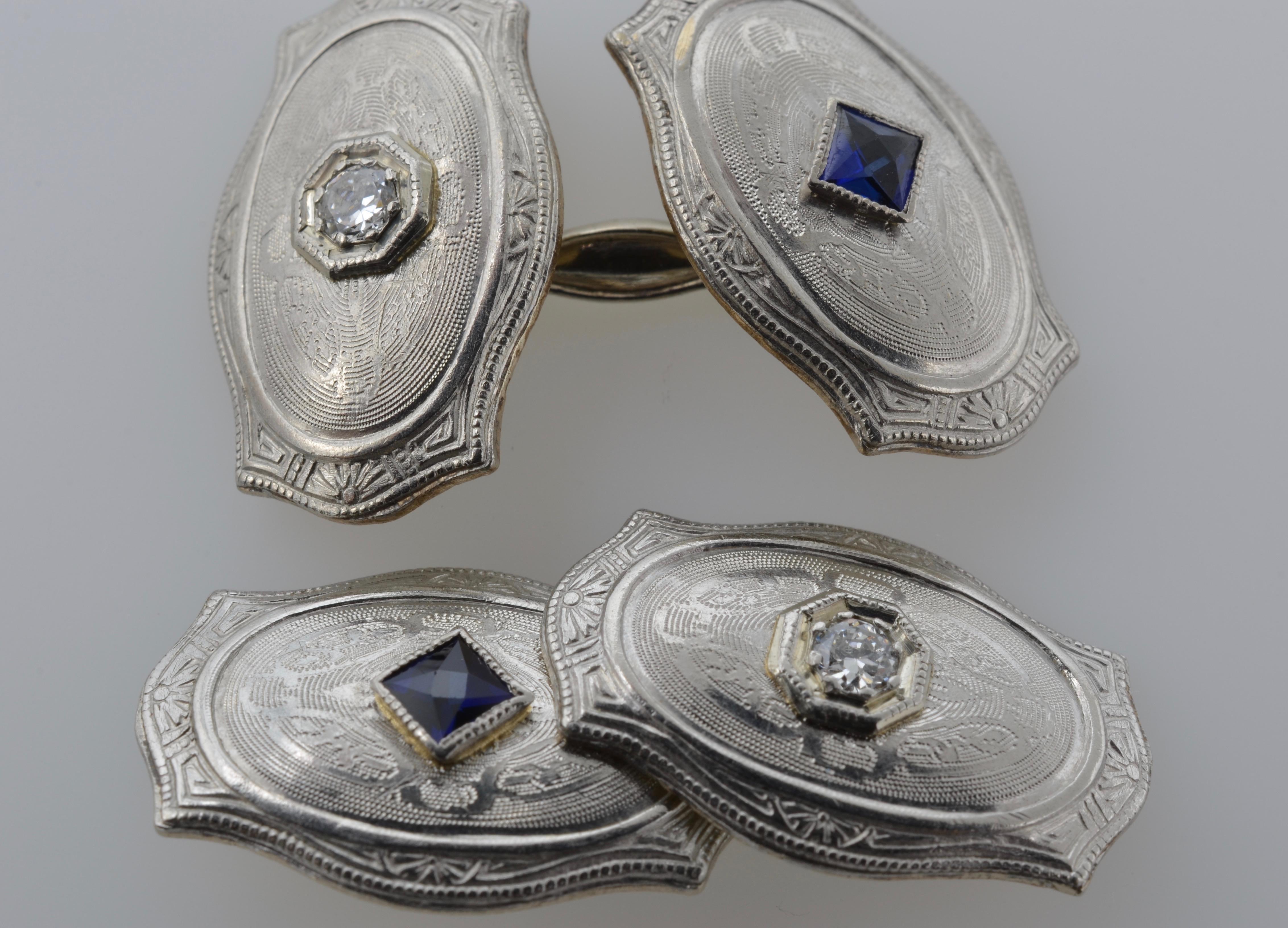 1920 Art Deco Manschettenknöpfe Gold Platin Diamant Saphir (Empire) im Angebot