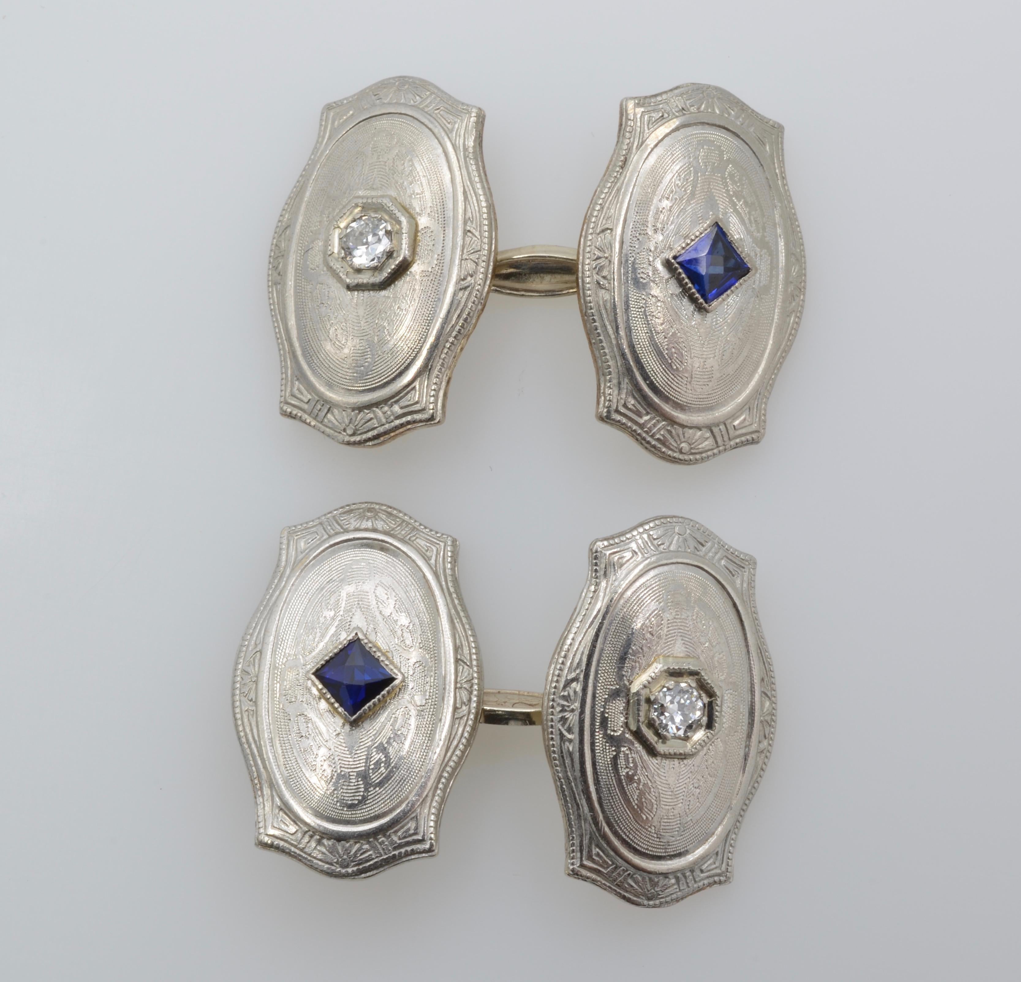 1920 Art Deco Manschettenknöpfe Gold Platin Diamant Saphir im Zustand „Hervorragend“ im Angebot in Berkeley, CA