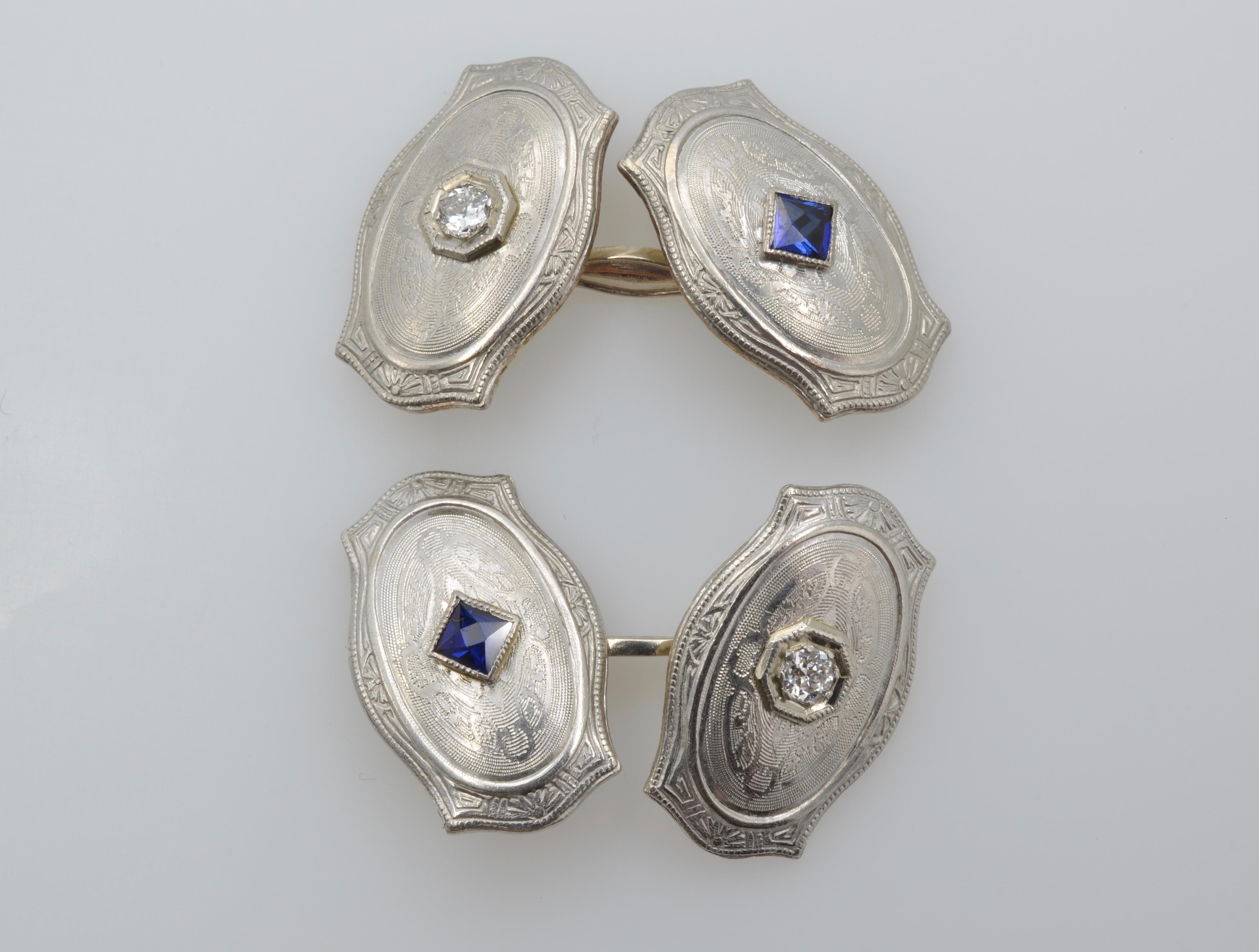 Empire 1920 Art Deco Cufflinks Gold Platinum Diamond Sapphire For Sale