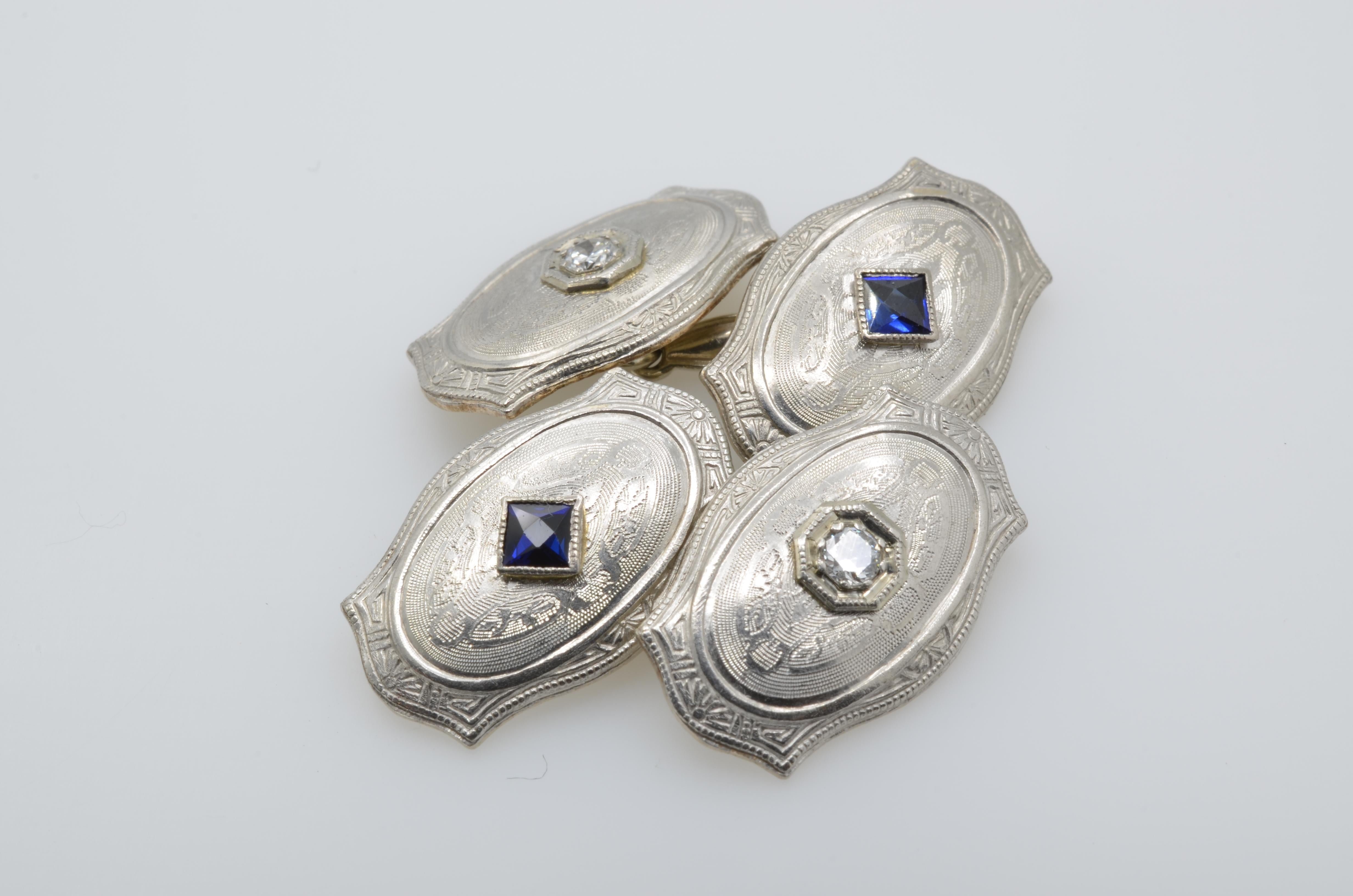 1920 Art Deco Cufflinks Gold Platinum Diamond Sapphire In Excellent Condition For Sale In Berkeley, CA