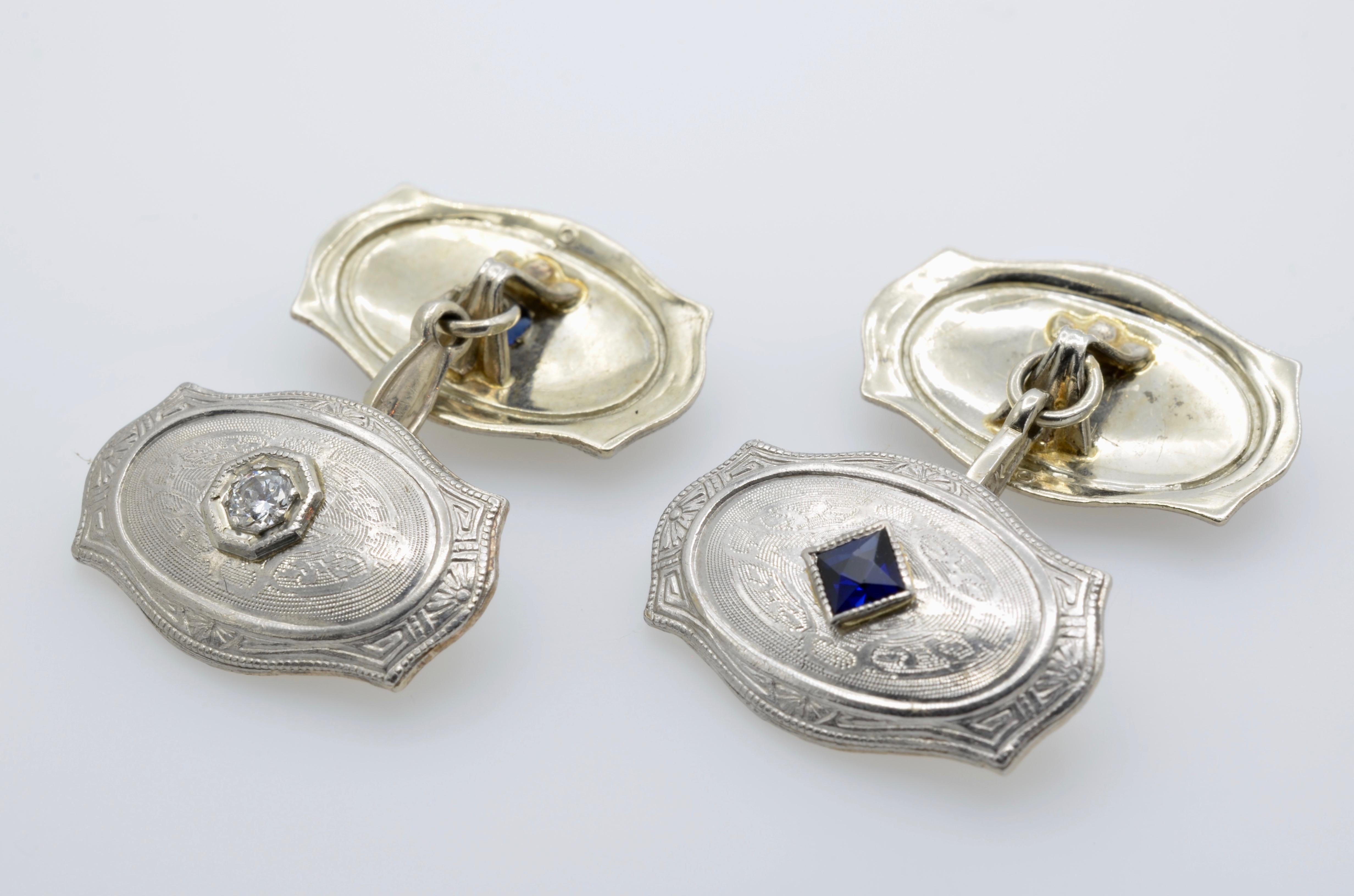 Women's or Men's 1920 Art Deco Cufflinks Gold Platinum Diamond Sapphire For Sale