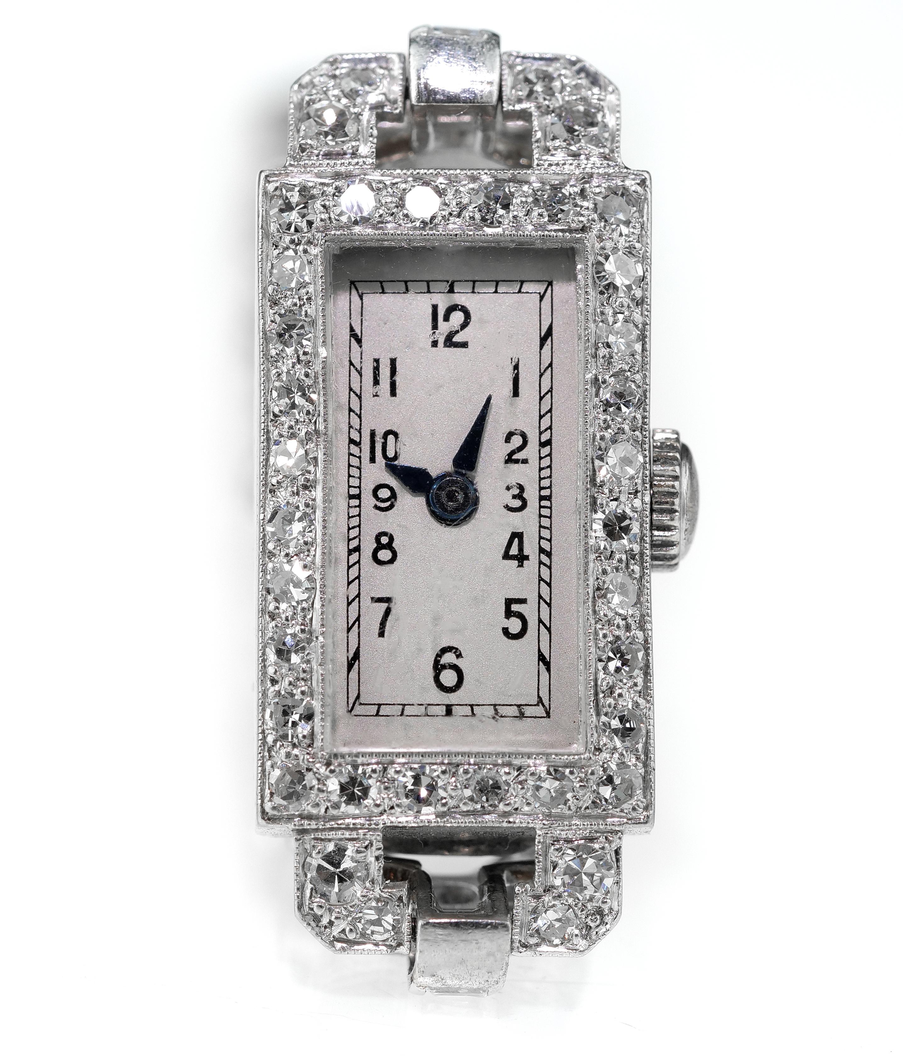 Round Cut 1920 Art Deco Diamond Dress Bracelet Watch in Platinum, Swiss Movement