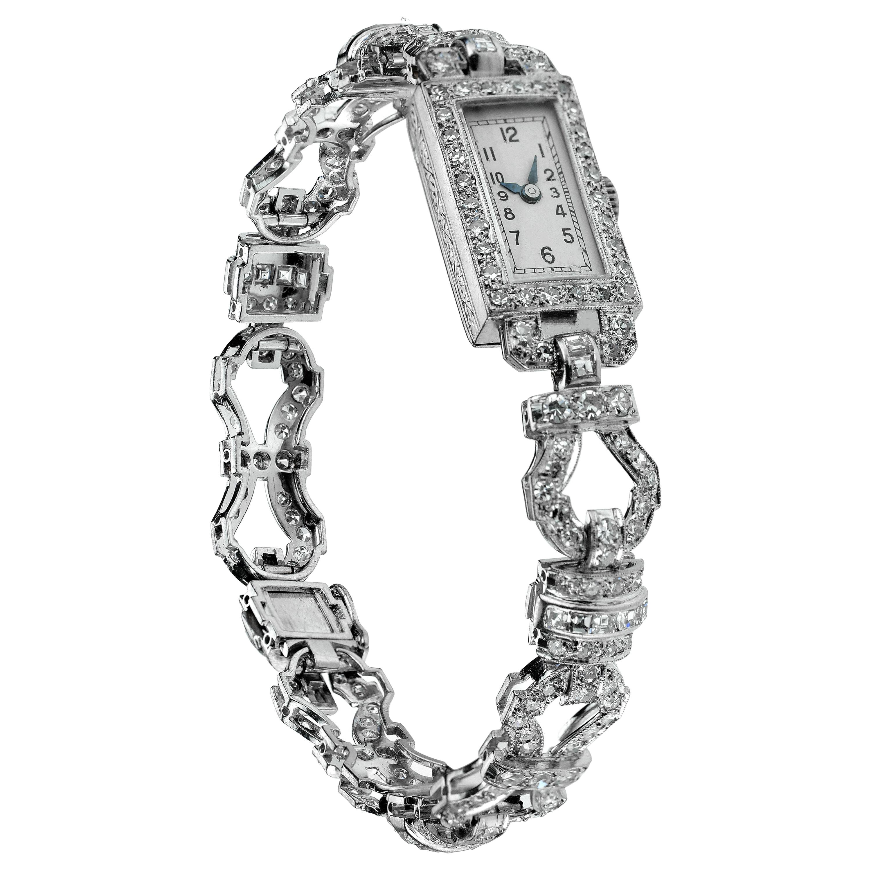 1920 Art Deco Diamond Dress Bracelet Watch in Platinum, Swiss Movement