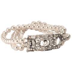 1920 Art Deco Diamond Pearls 18K Gold Bracelet