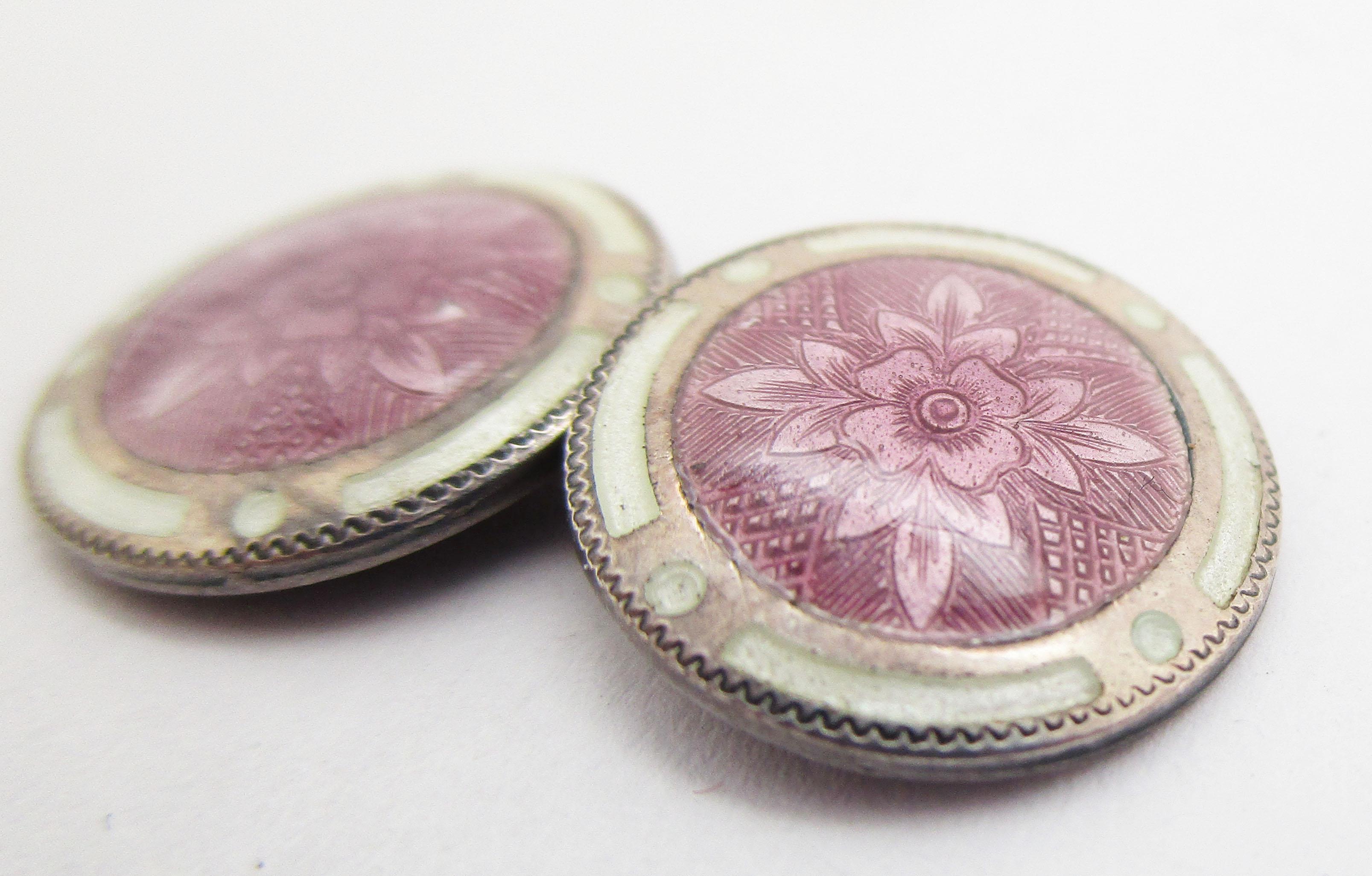 1920 Art Deco Floral Lavender Enamel Sterling Silver Cufflinks In Excellent Condition In Lexington, KY