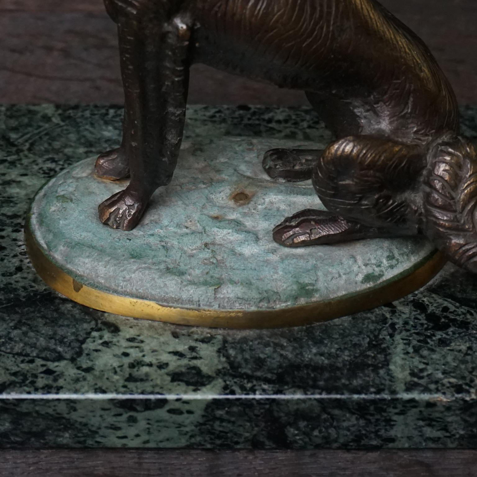 1920 Art Deco French Cast Brass Borzoi Dog Sculpture on Green Marble Paperweight 3
