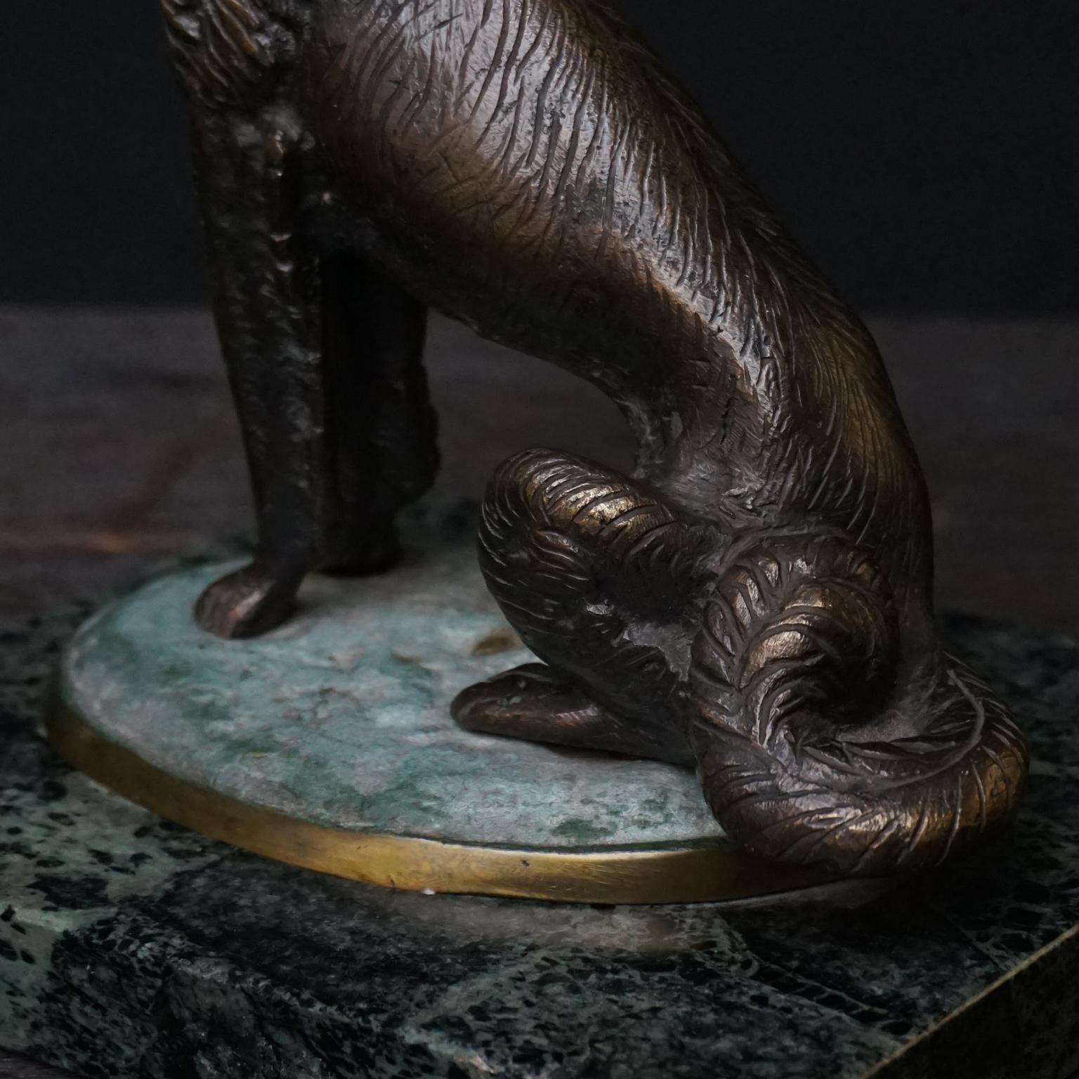 1920 Art Deco French Cast Brass Borzoi Dog Sculpture on Green Marble Paperweight 6