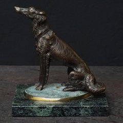 1920 Art Deco French Cast Brass Borzoi Dog Sculpture on Green Marble Paperweight