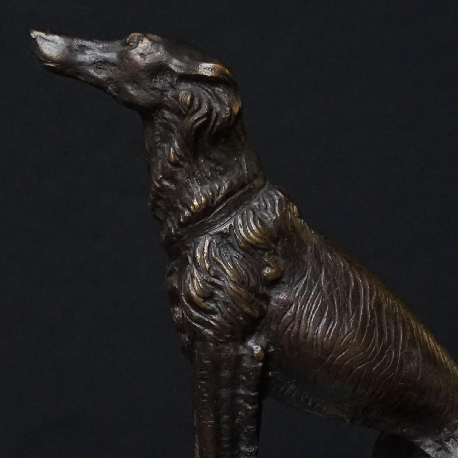 1920 Art Deco French Cast Brass Borzoi Dog Sculpture on Green Marble Paperweight In Good Condition In Haarlem, NL