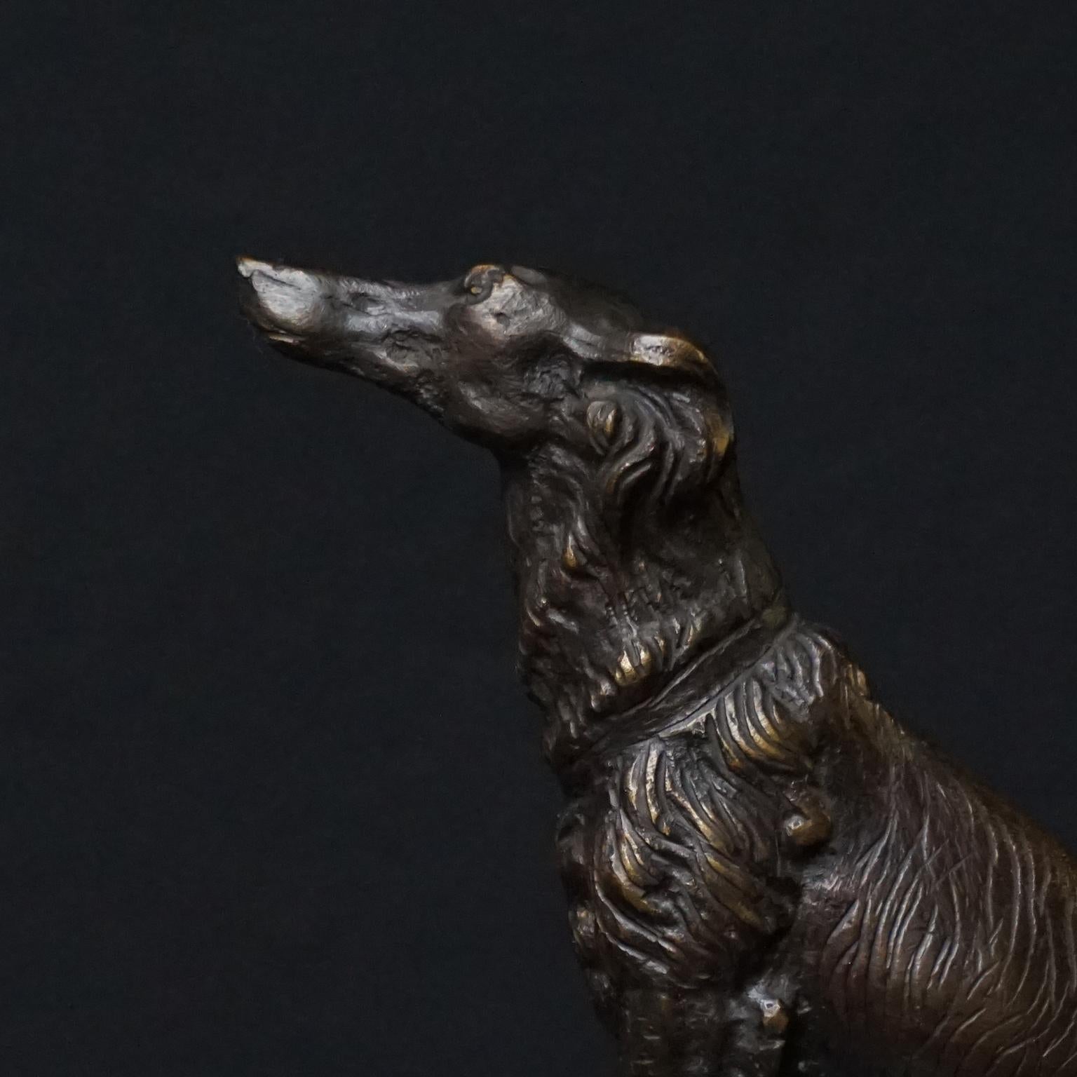 20th Century 1920 Art Deco French Cast Brass Borzoi Dog Sculpture on Green Marble Paperweight