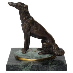 1920 Art Deco French Cast Brass Borzoi Dog Sculpture on Green Marble Paperweight