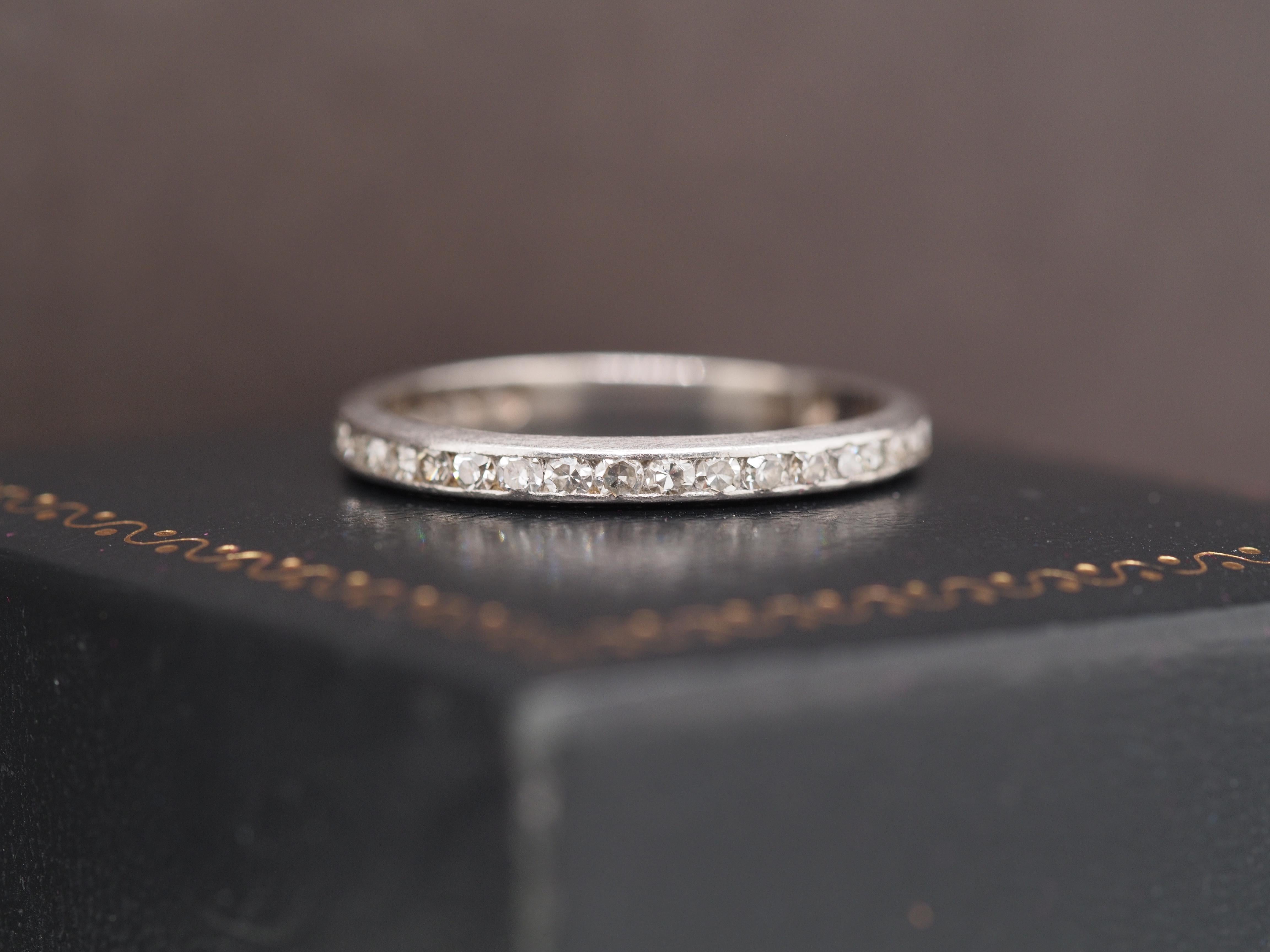 Year: 1920
Item Details:
Ring Size: 8.5
Metal Type: Platinum [Hallmarked, and Tested]
Weight: 2.9 grams
Diamond Details
Center Diamond: 1.00cttw
Cut: Antique Single Cut
Color: F-G
Clarity: VS
Band Width: 2.1 mm
Condition: Excellent