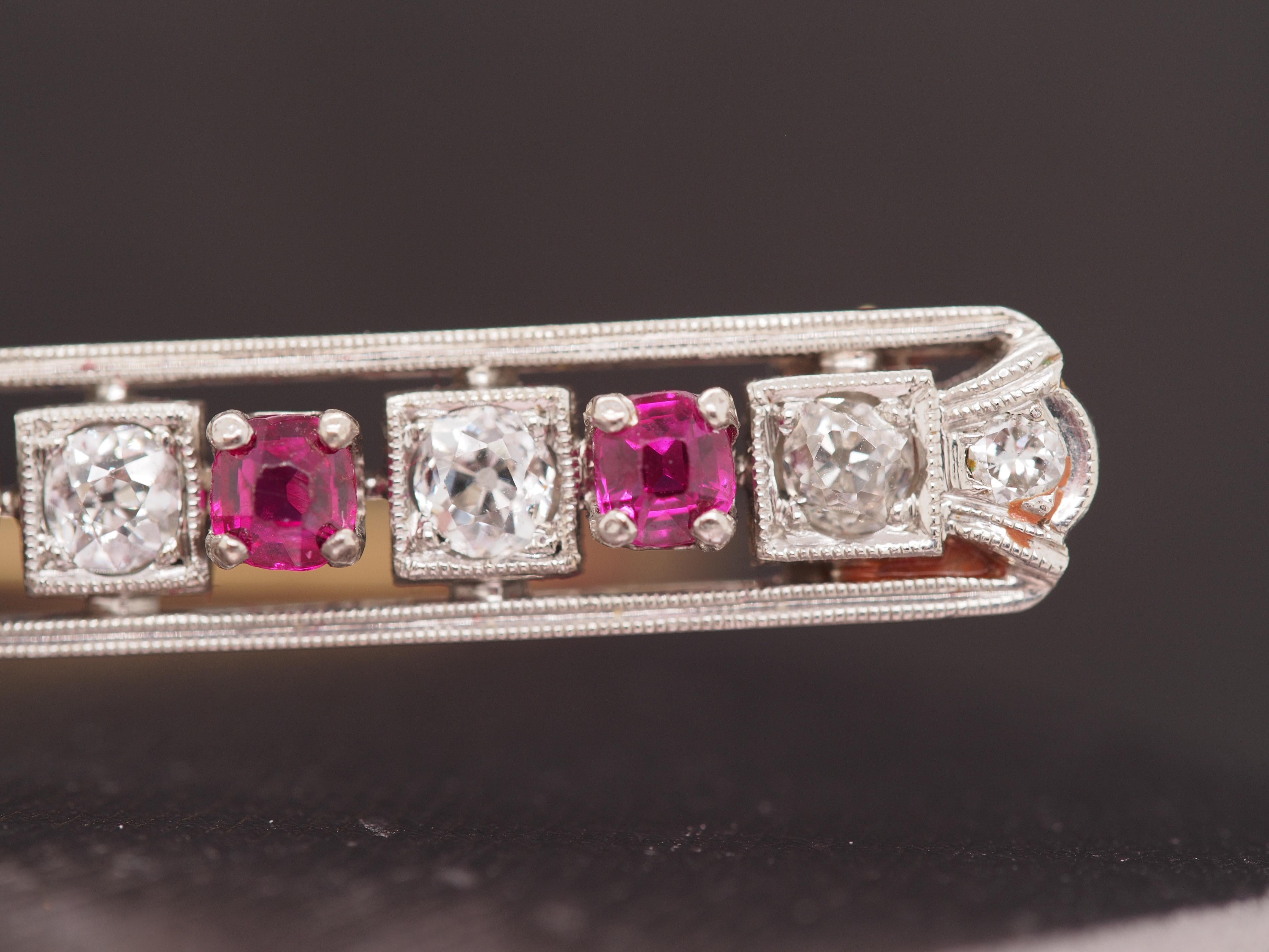 1920 Art Deco Platinum 1.00cttw Old European Diamond Ruby Oval Pin In Good Condition For Sale In Atlanta, GA