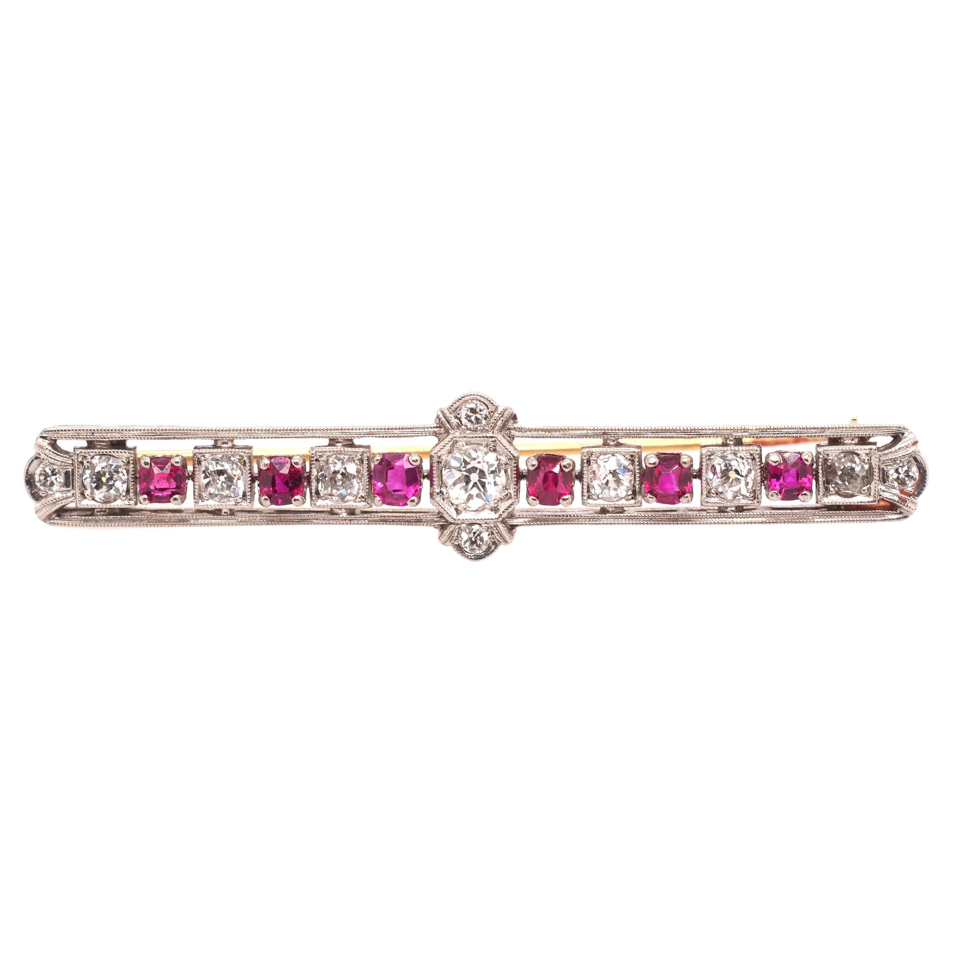 1920 Art Deco Platinum 1.00cttw Old European Diamond Ruby Oval Pin For Sale