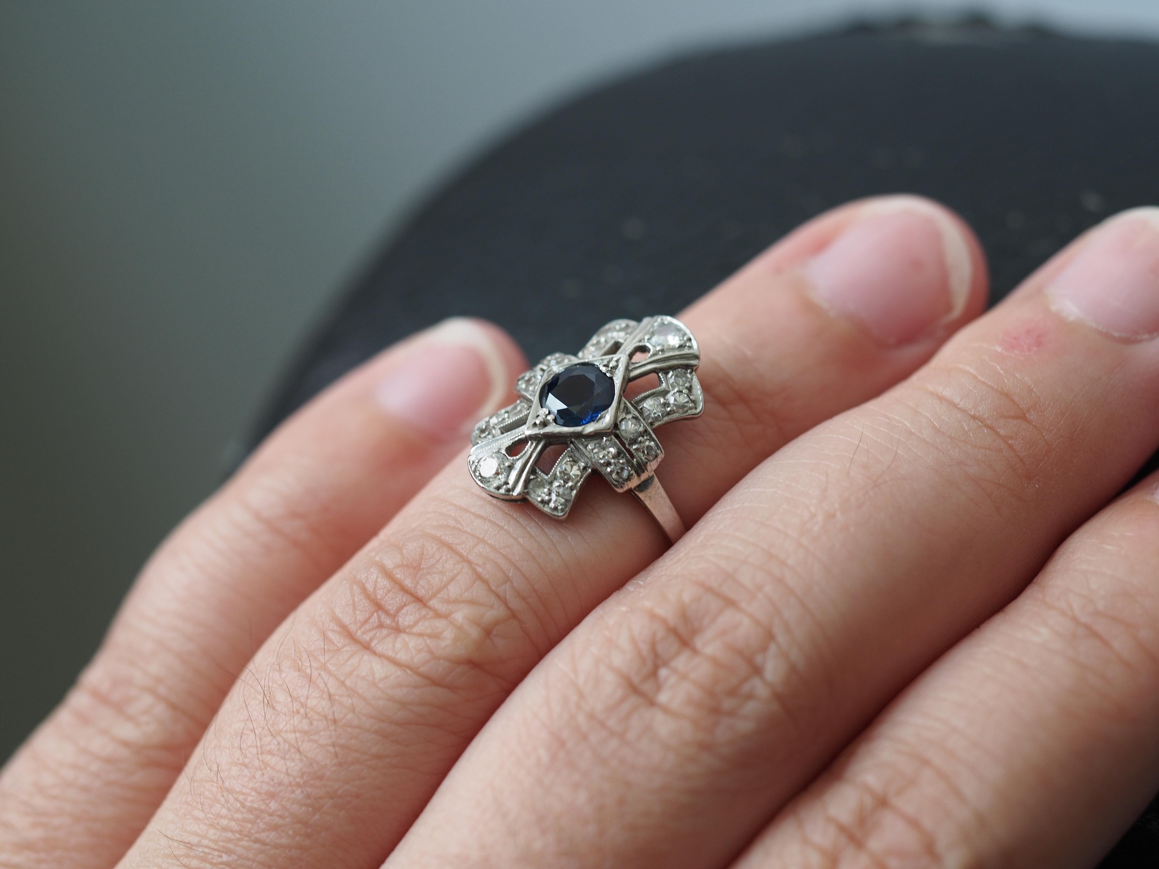 1920 Art Deco Platinum .40cttw Old European Diamond Sapphire Engagement Ring For Sale 3