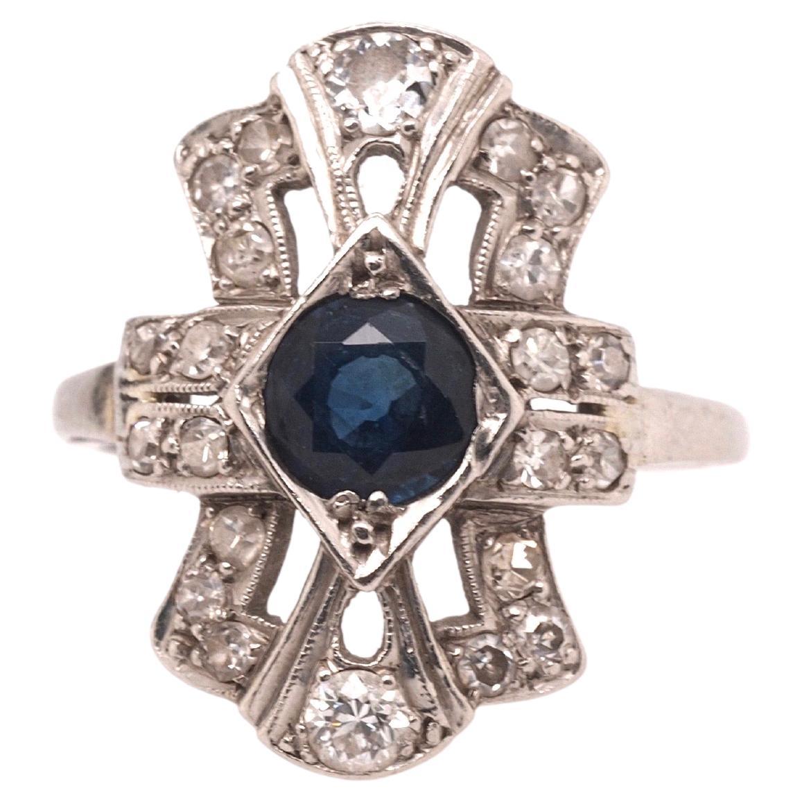 1920 Art Deco Platinum .40cttw Old European Diamond Sapphire Engagement Ring For Sale
