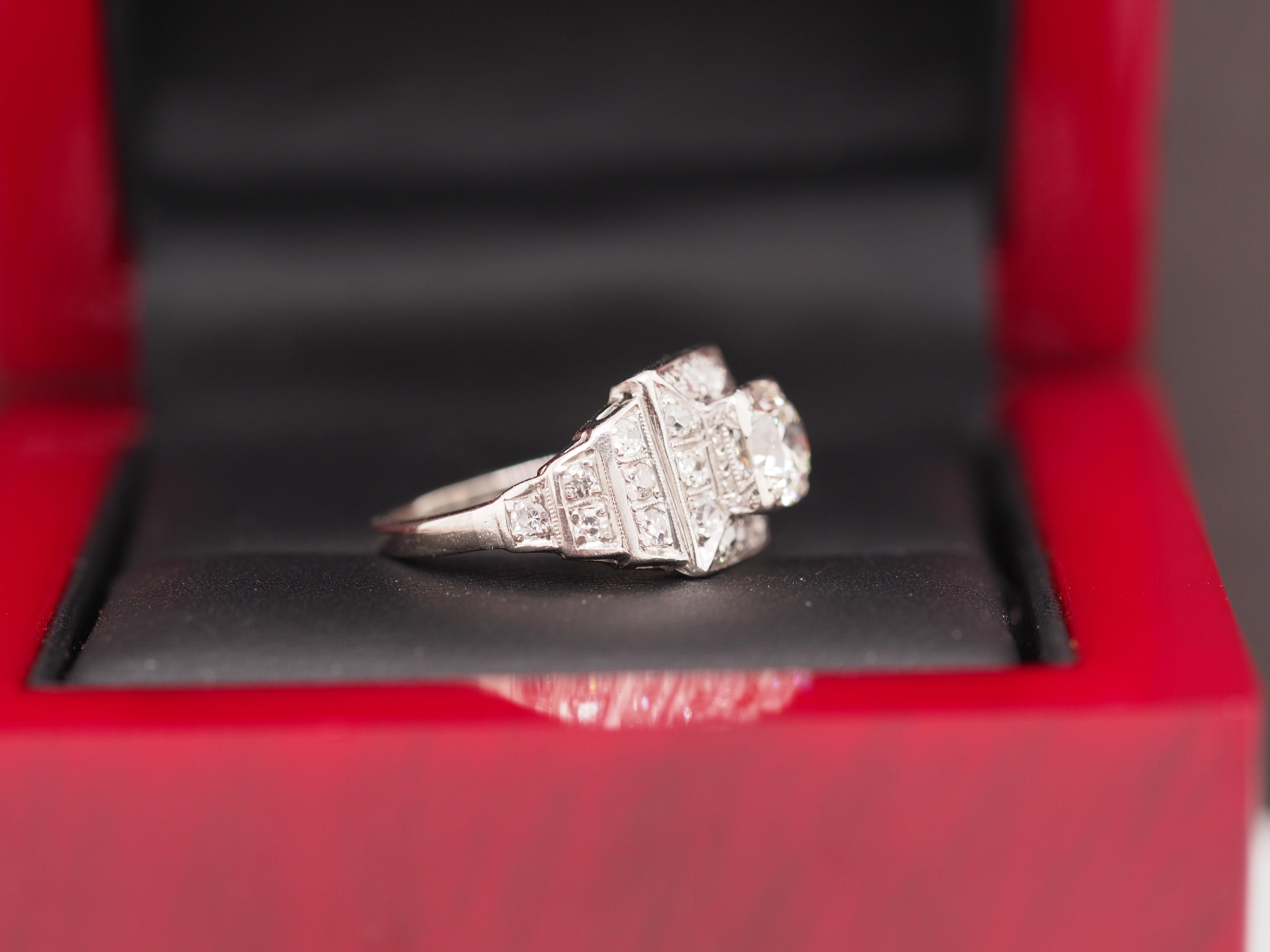 Old European Cut 1920 Art Deco Platinum Diamond Engagement Ring For Sale