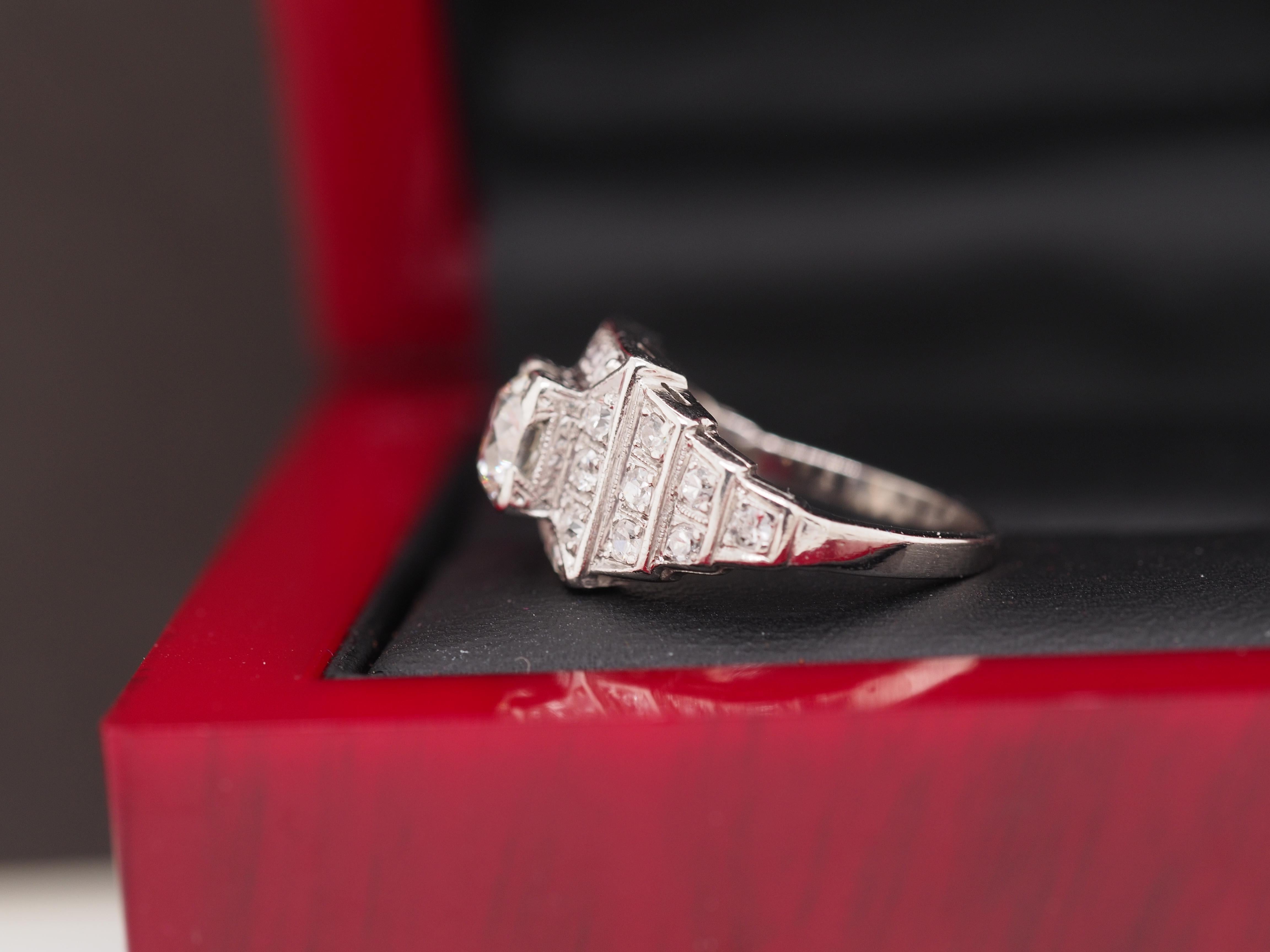 Women's 1920 Art Deco Platinum Diamond Engagement Ring For Sale