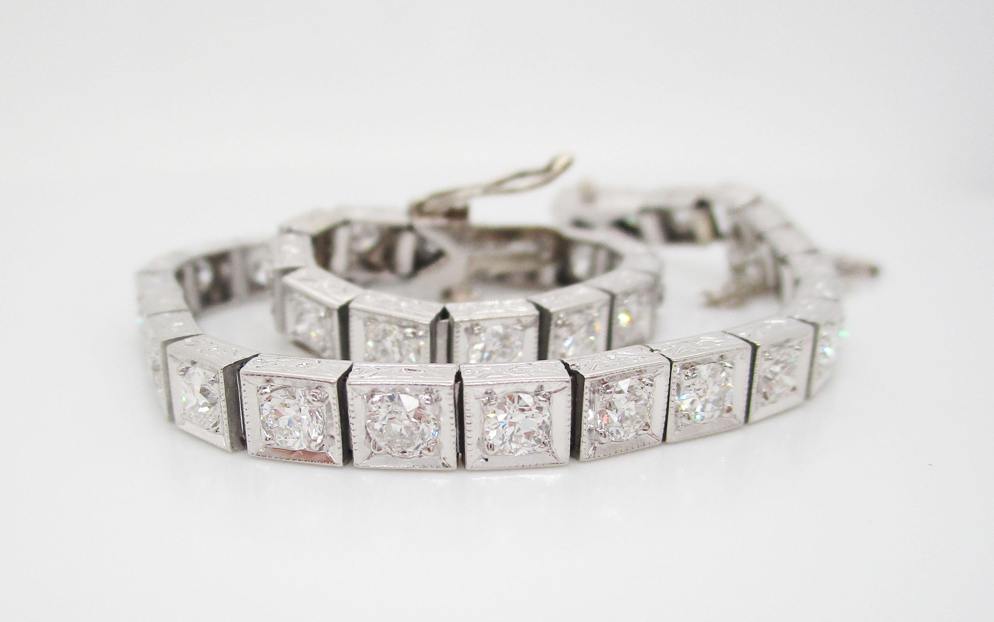 If you are looking for breathtaking, look no further than this all-original Art Deco bracelet in platinum with a gorgeous array of euro cut diamonds. The sleek line design of the bracelet means it is easy to wear and goes with everything, but the