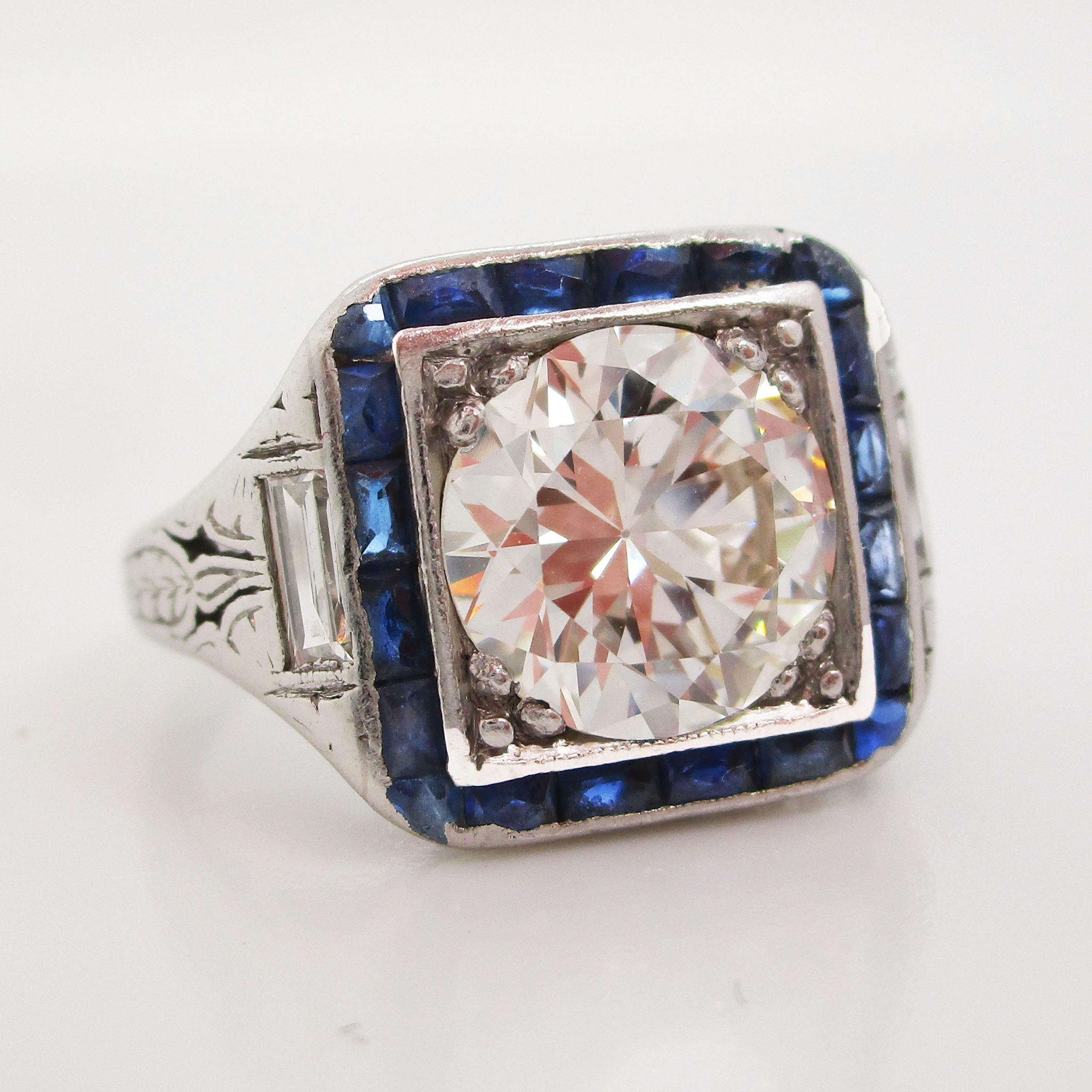 Old European Cut 1920 Art Deco Platinum European Diamond Blue Sapphire Ring