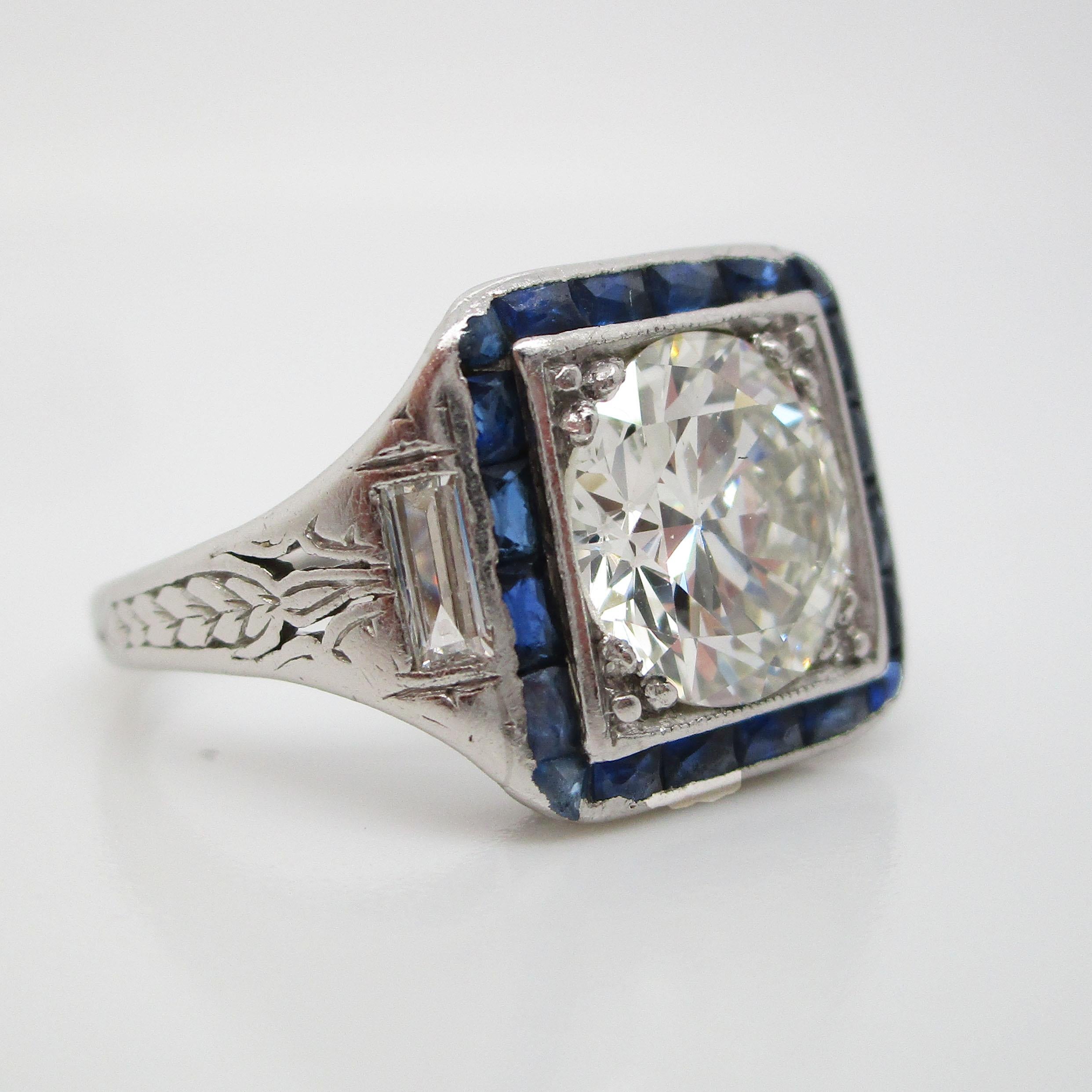 1920 Art Deco Platinum European Diamond Blue Sapphire Ring In Excellent Condition In Lexington, KY
