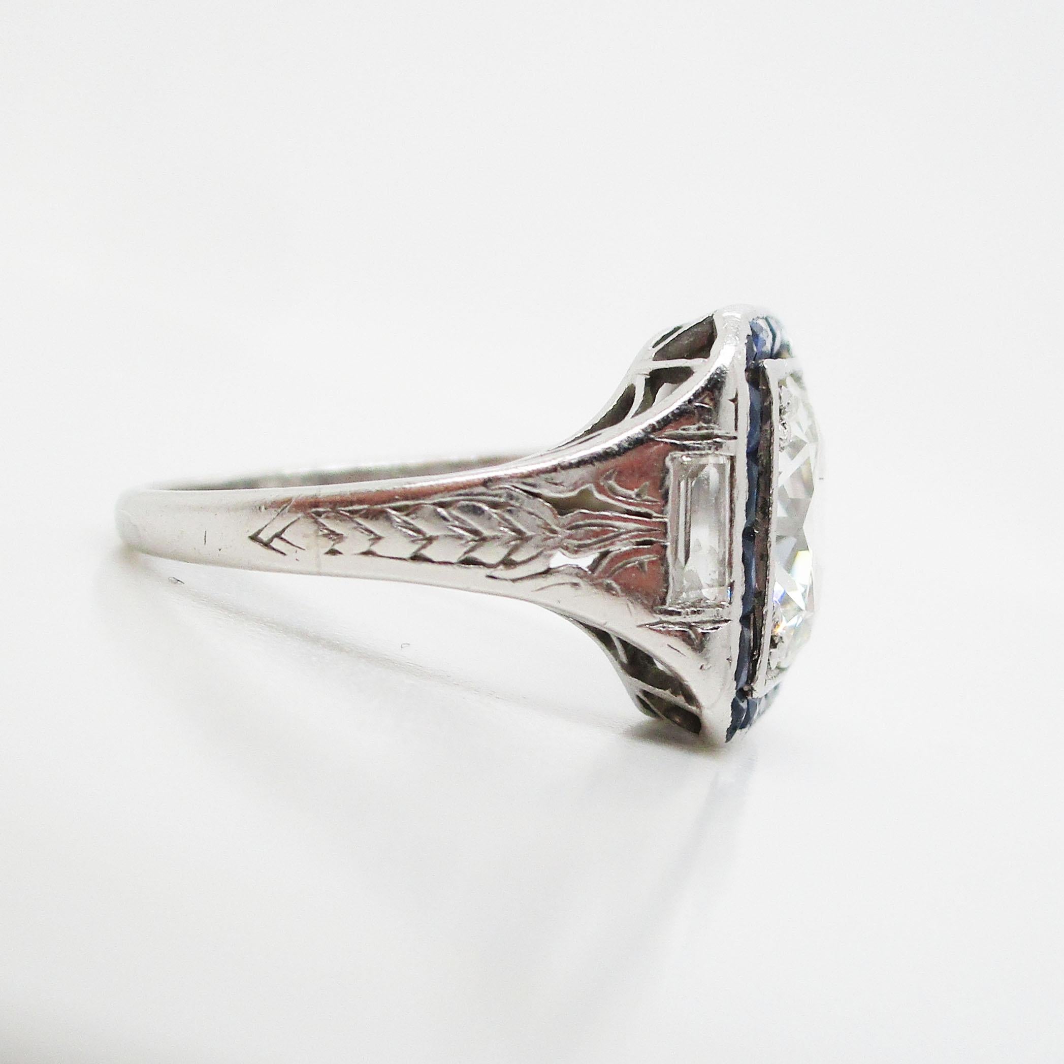 Women's or Men's 1920 Art Deco Platinum European Diamond Blue Sapphire Ring