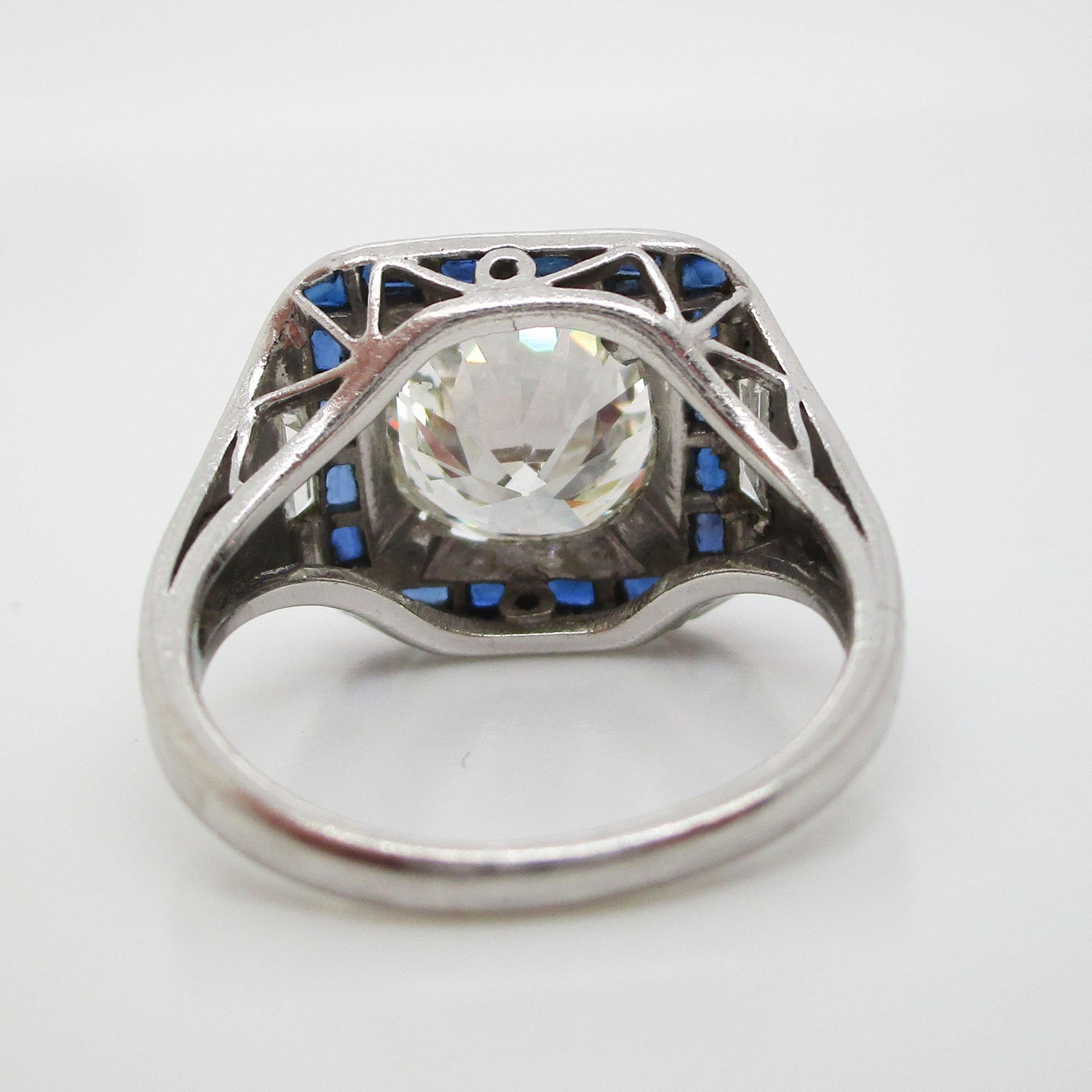 1920 Art Deco Platinum European Diamond Blue Sapphire Ring 1