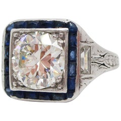 Antique 1920 Art Deco Platinum European Diamond Blue Sapphire Ring