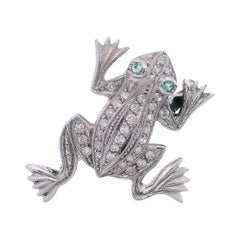 1920 Art Deco Platinum Frog Brooch with Diamonds and Emeralds