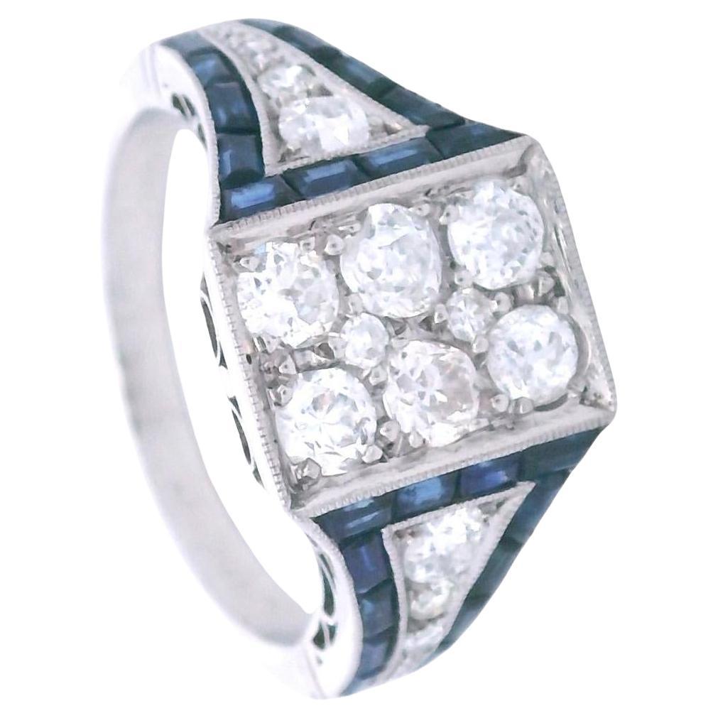 Bague en platine Art déco 1920 avec 1,25 carats de diamants et de saphirs