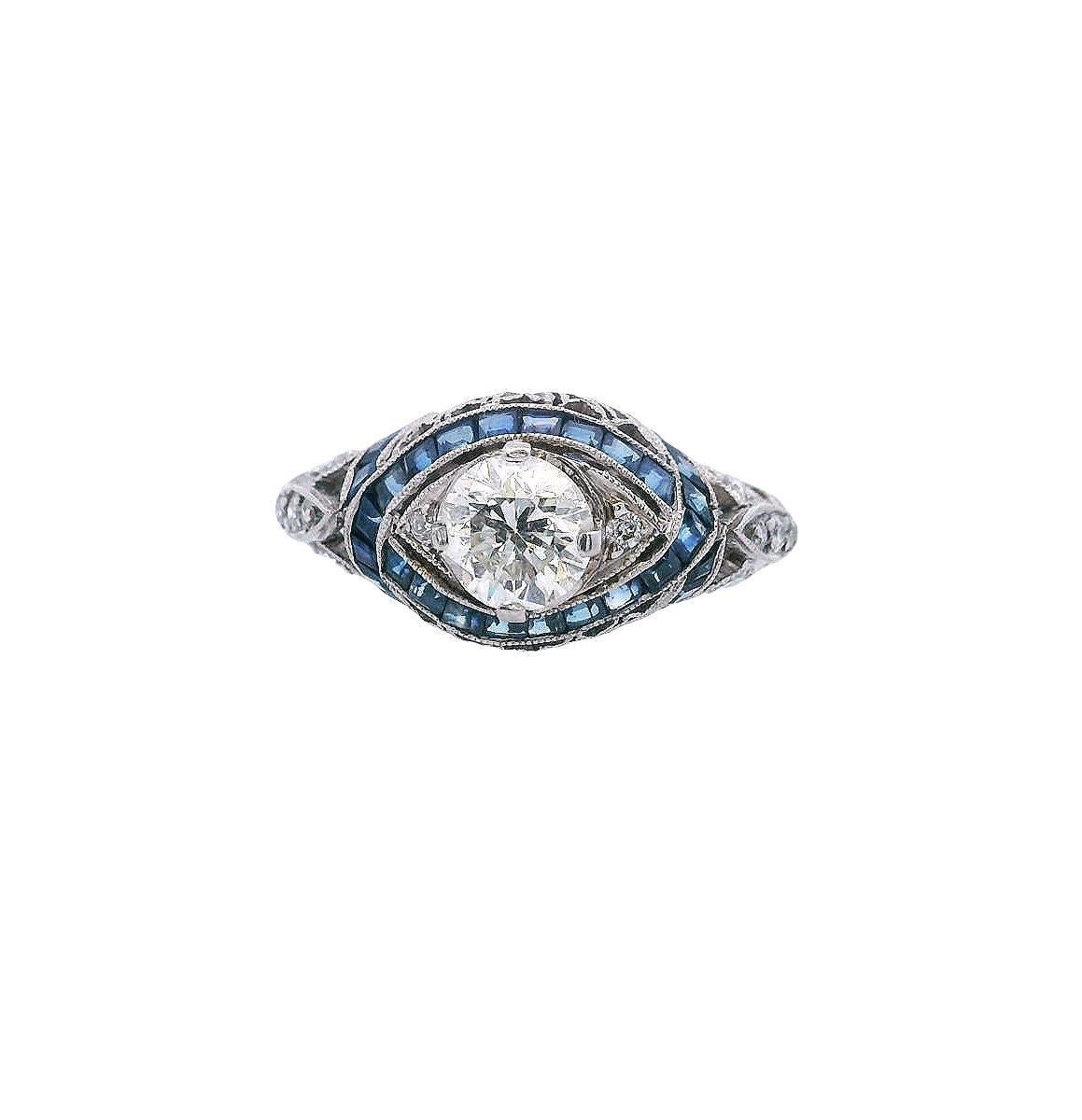 1920 Anillo Art Déco de Platino con Diamantes y Zafiros Art Decó en venta
