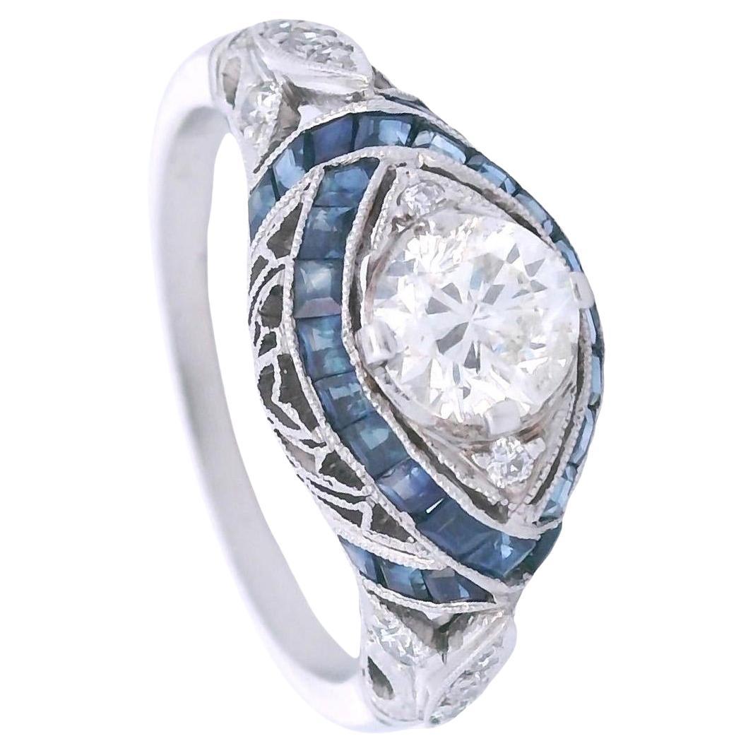 Bague en platine Art déco 1920 avec diamants et saphirs