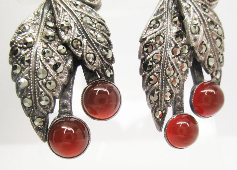 1920 Art Deco Sterling Silver Marcasite and Carnelian Dangle Earrings ...