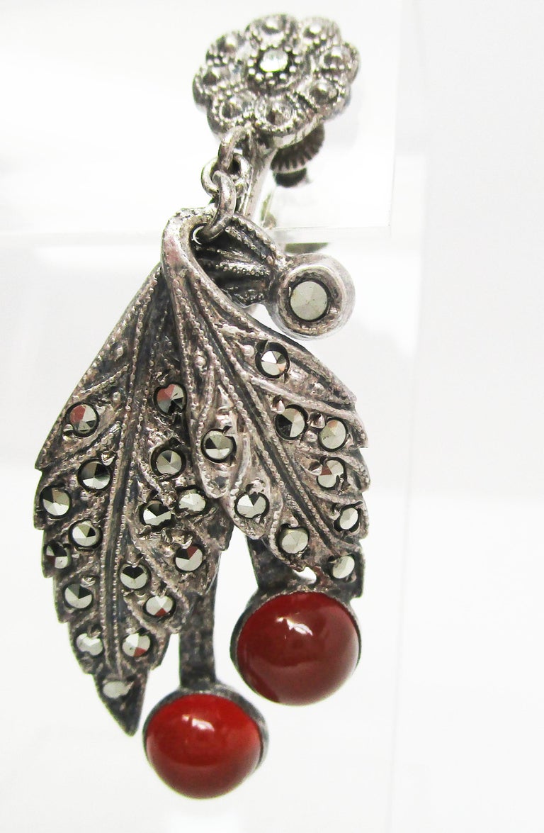 1920 Art Deco Sterling Silver Marcasite and Carnelian Dangle Earrings ...