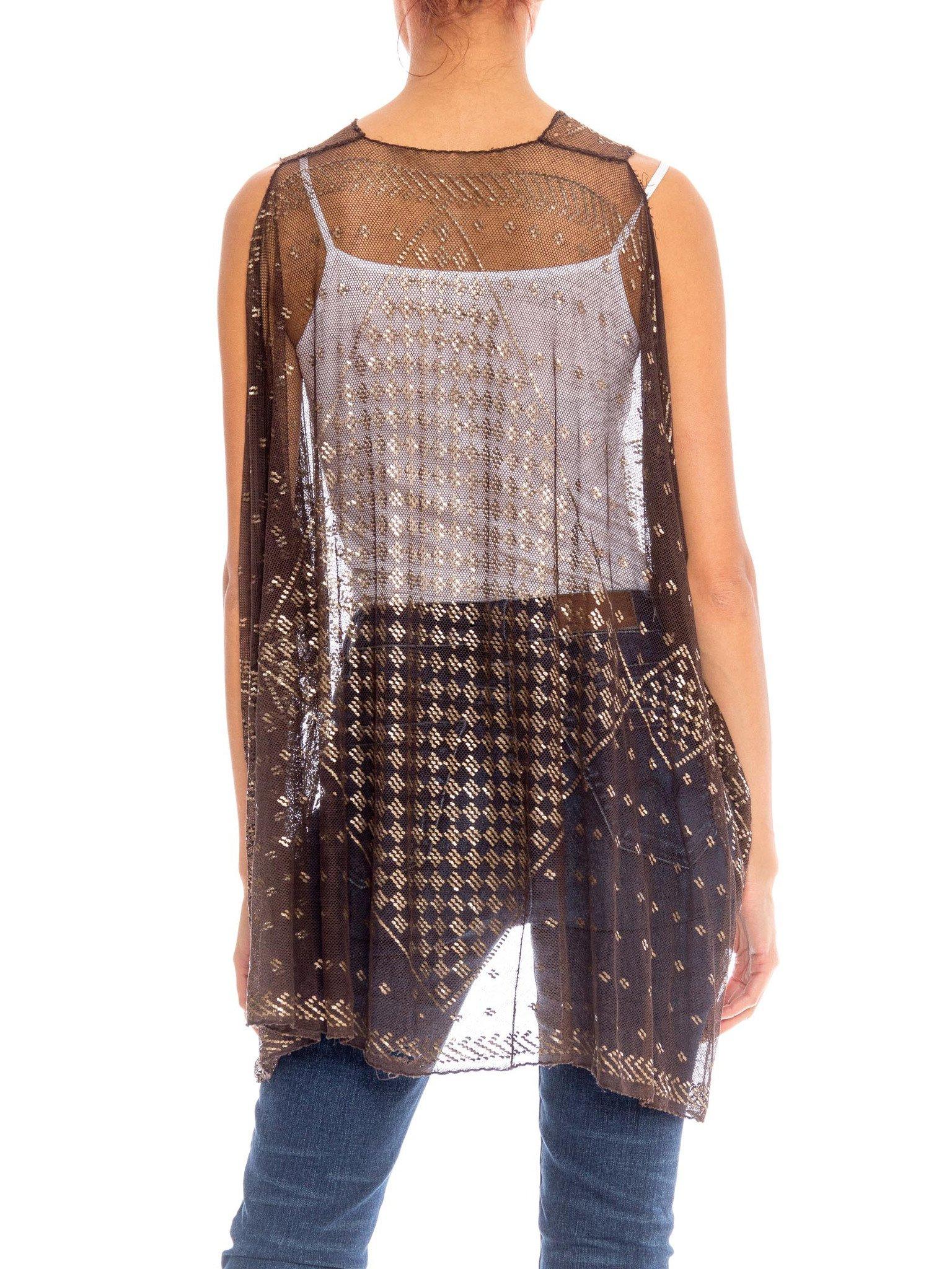 MORPHEW COLLECTION Chocolate Brown & Silver Egyptian Assuit Sheer Draped Vest In Excellent Condition For Sale In New York, NY