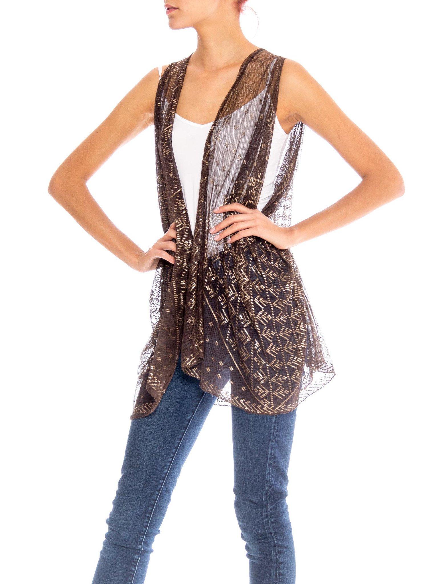 Women's MORPHEW COLLECTION Chocolate Brown & Silver Egyptian Assuit Sheer Draped Vest