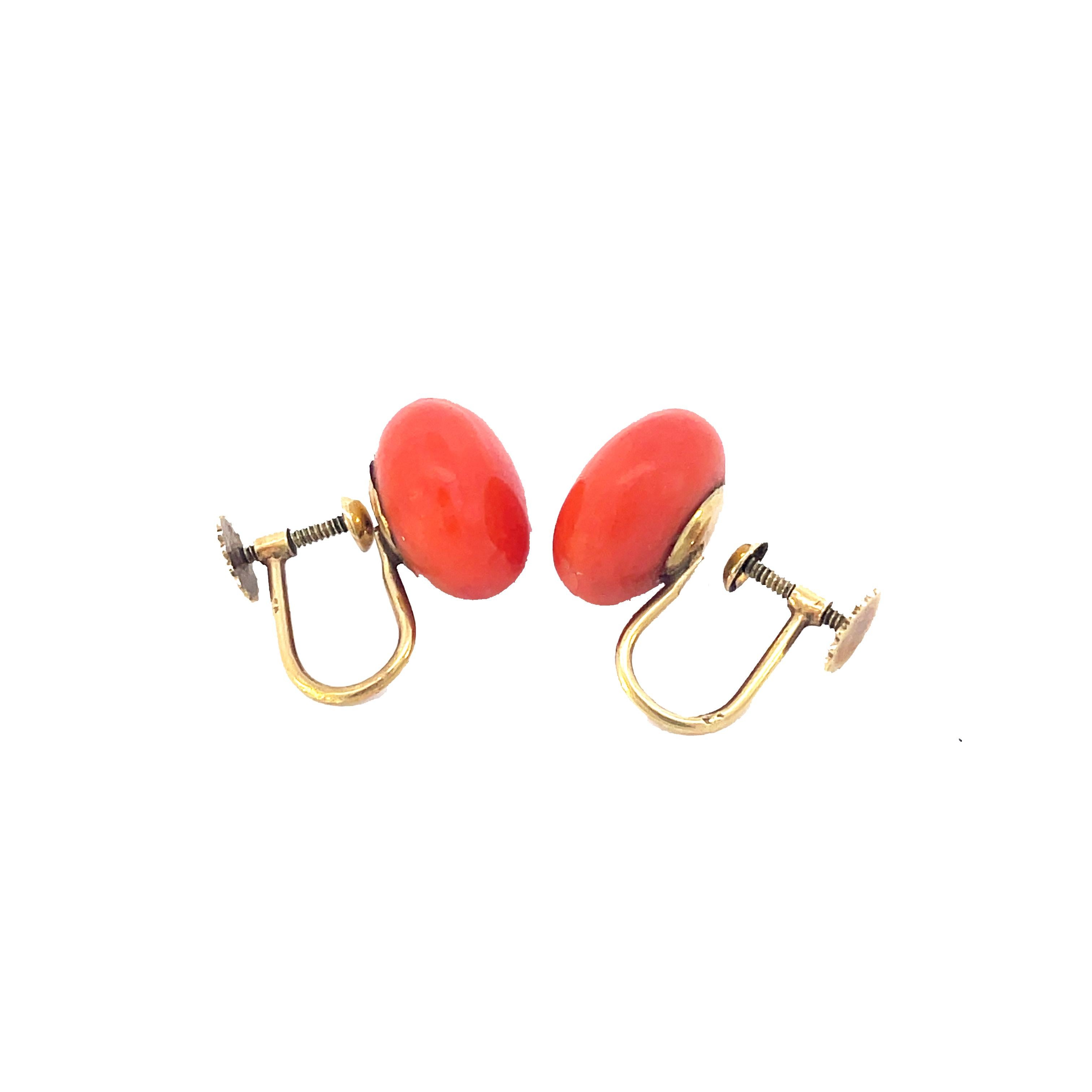 1920 Austrian Natural Coral 18K Yellow Gold Screw Back Earrings 2