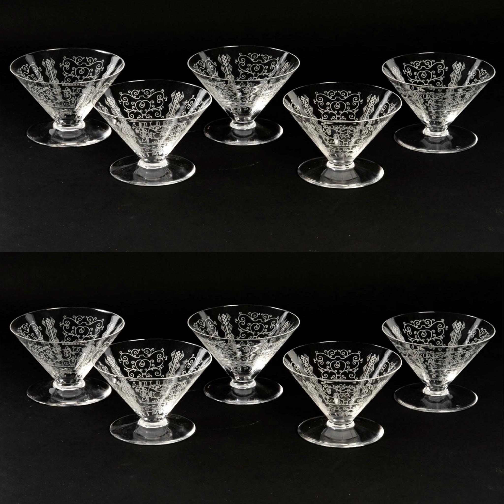 French 1920 Baccarat 10 Lido Crystal Champagne Glasses